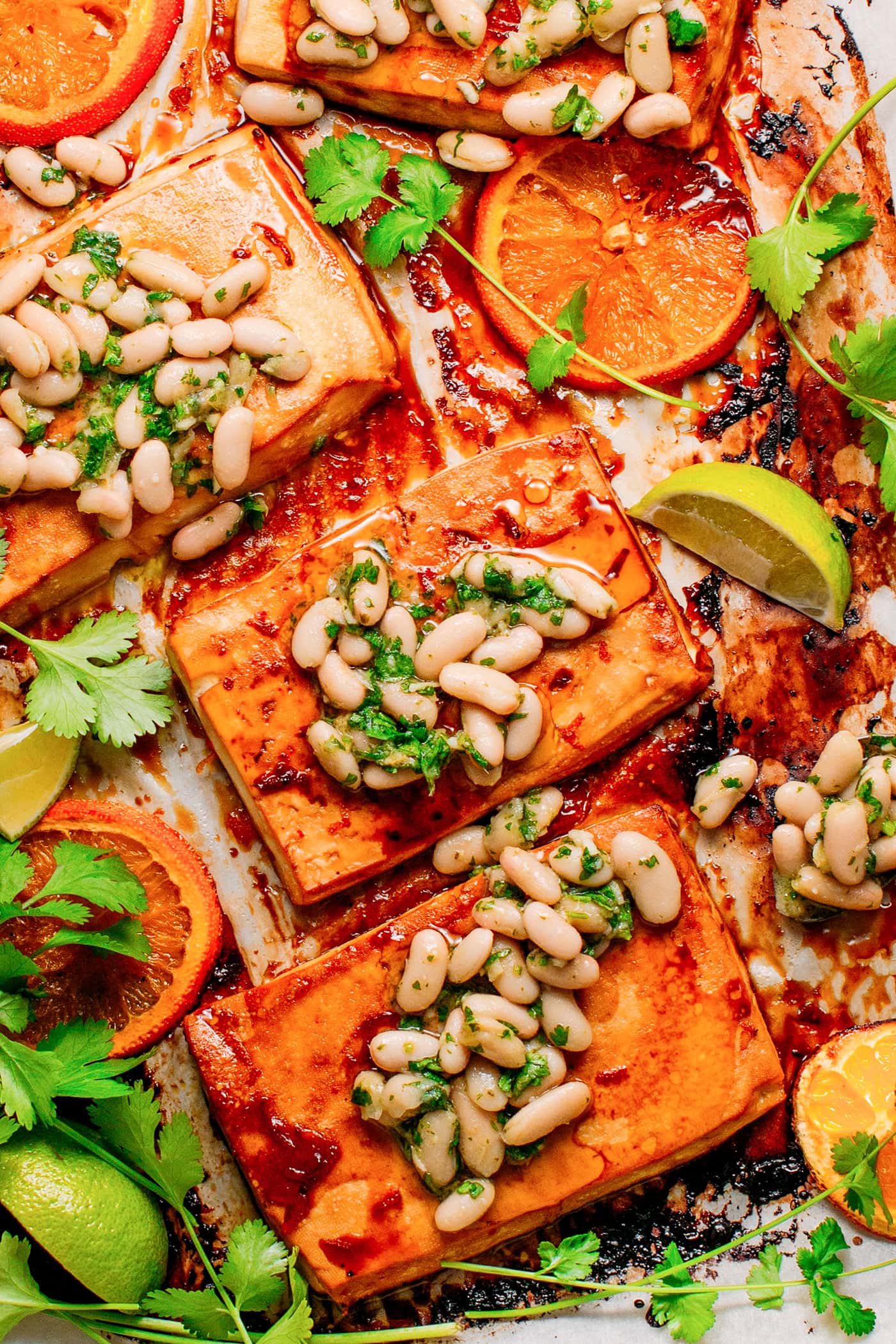 Sheet Pan Glazed Orange Tofu with Herby White Beans