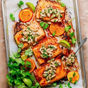 Sheet Pan Orange Tofu with Herby White Beans