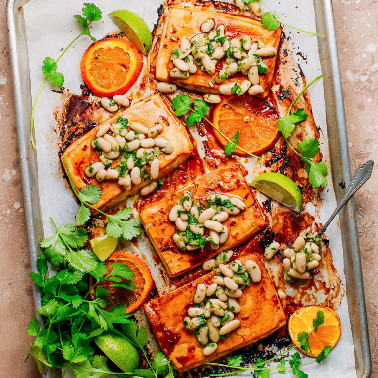 Sheet Pan Glazed Orange Tofu with Herby White Beans