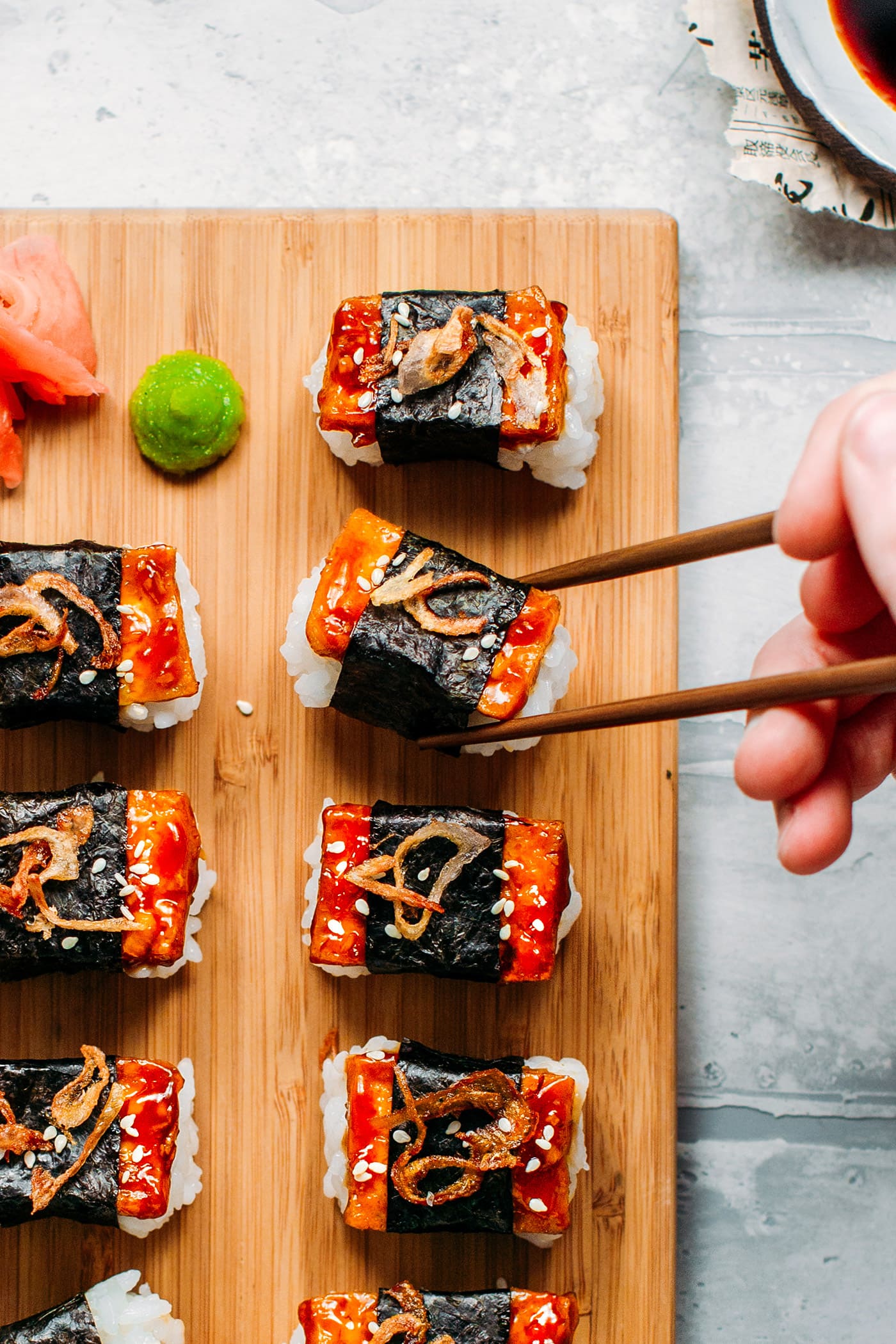 Teriyaki Tofu Nigiri with Crispy Shallots