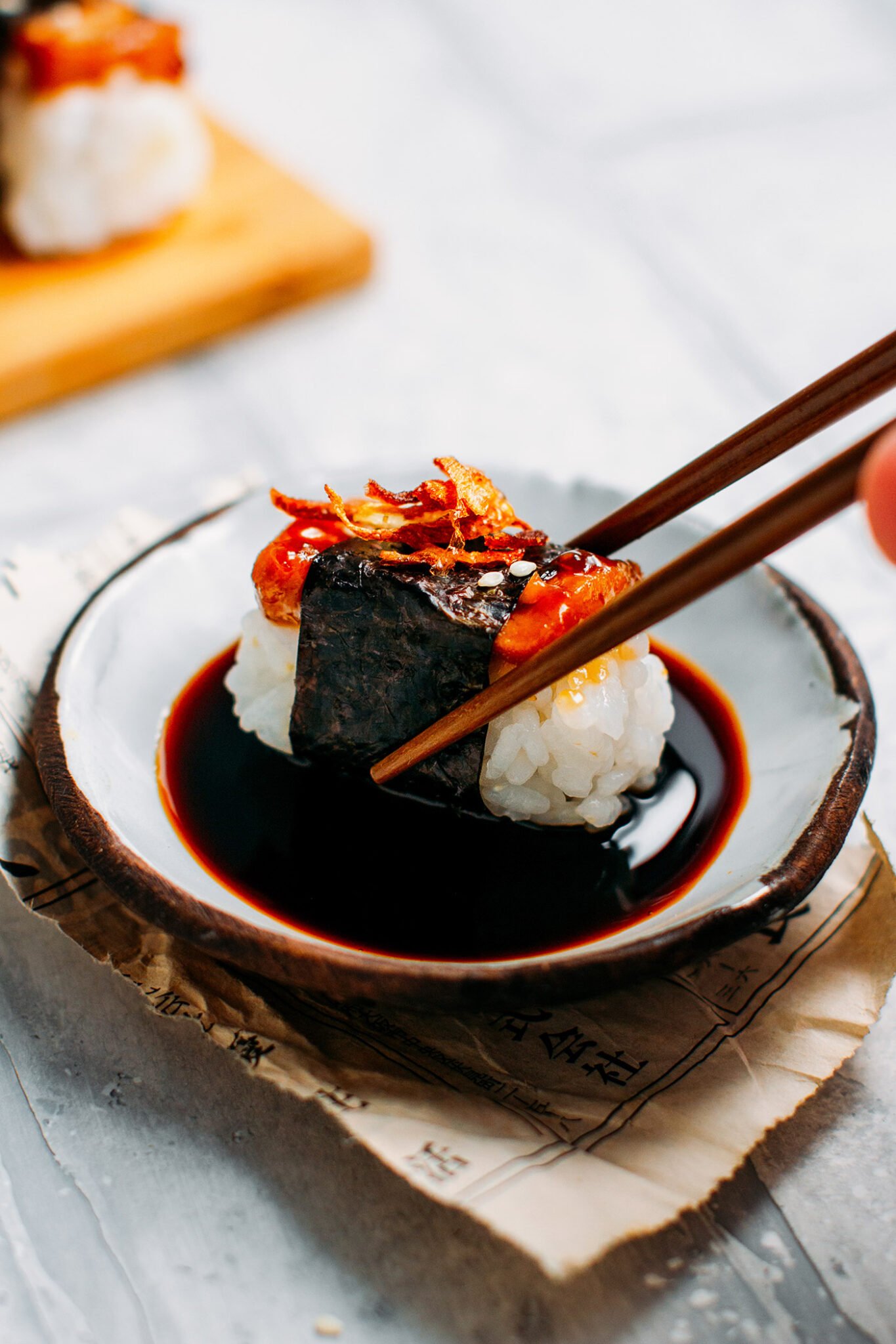 Teriyaki Tofu Nigiri with Crispy Shallots Full of Plants