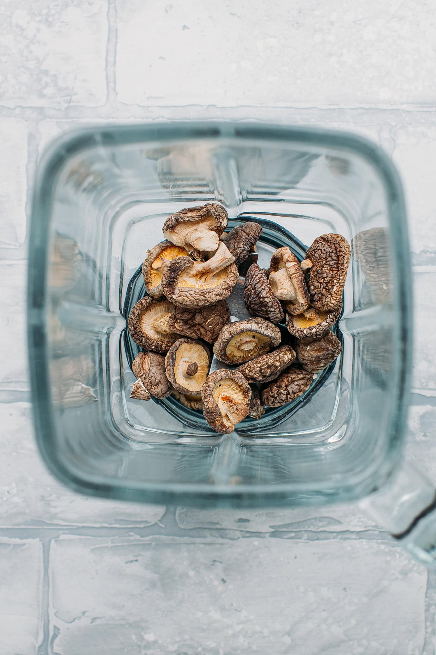 Shiitakes mushrooms in a blender.