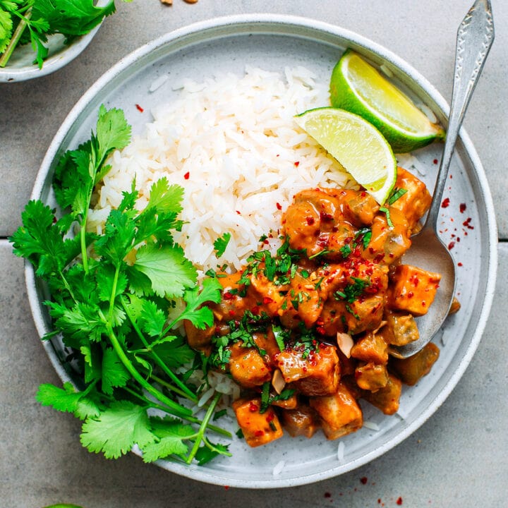 Eggplant & Tofu with Spicy Peanut Sauce - Full of Plants