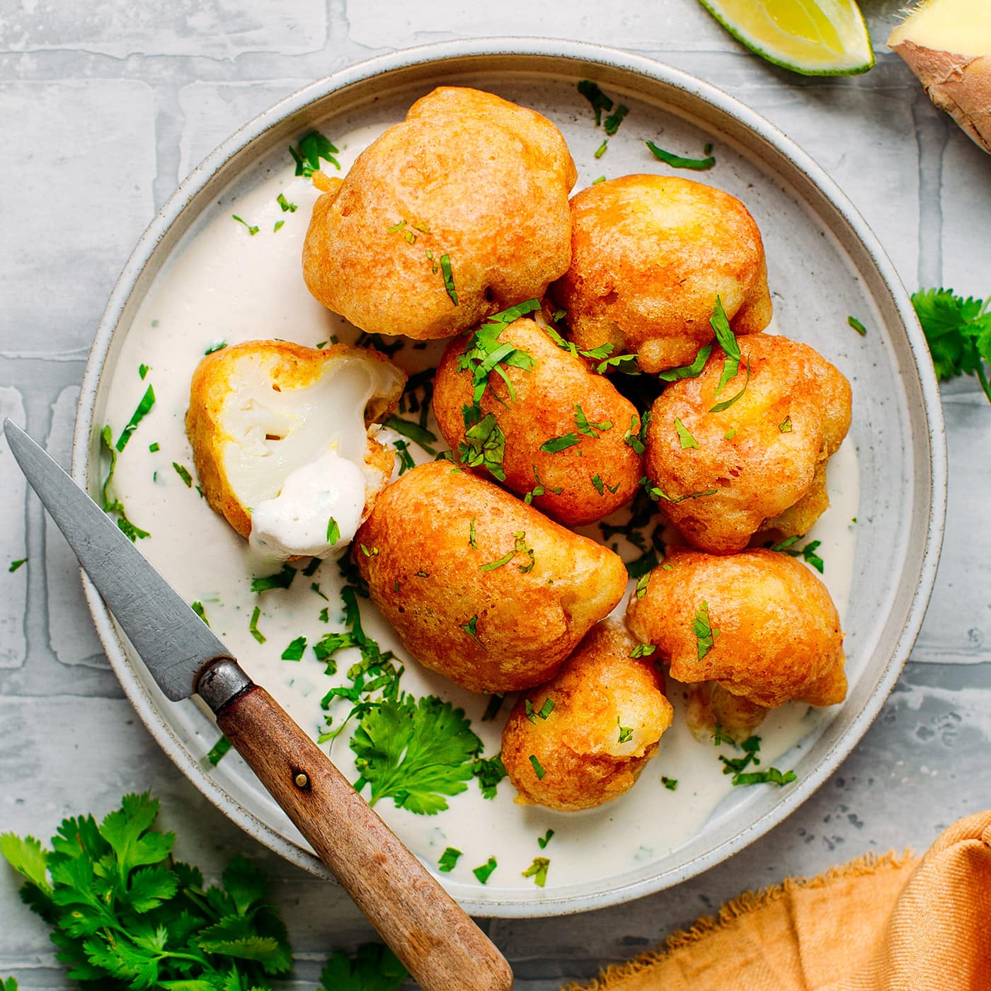 Cauliflower Tempura with Ginger Cream - Full of Plants