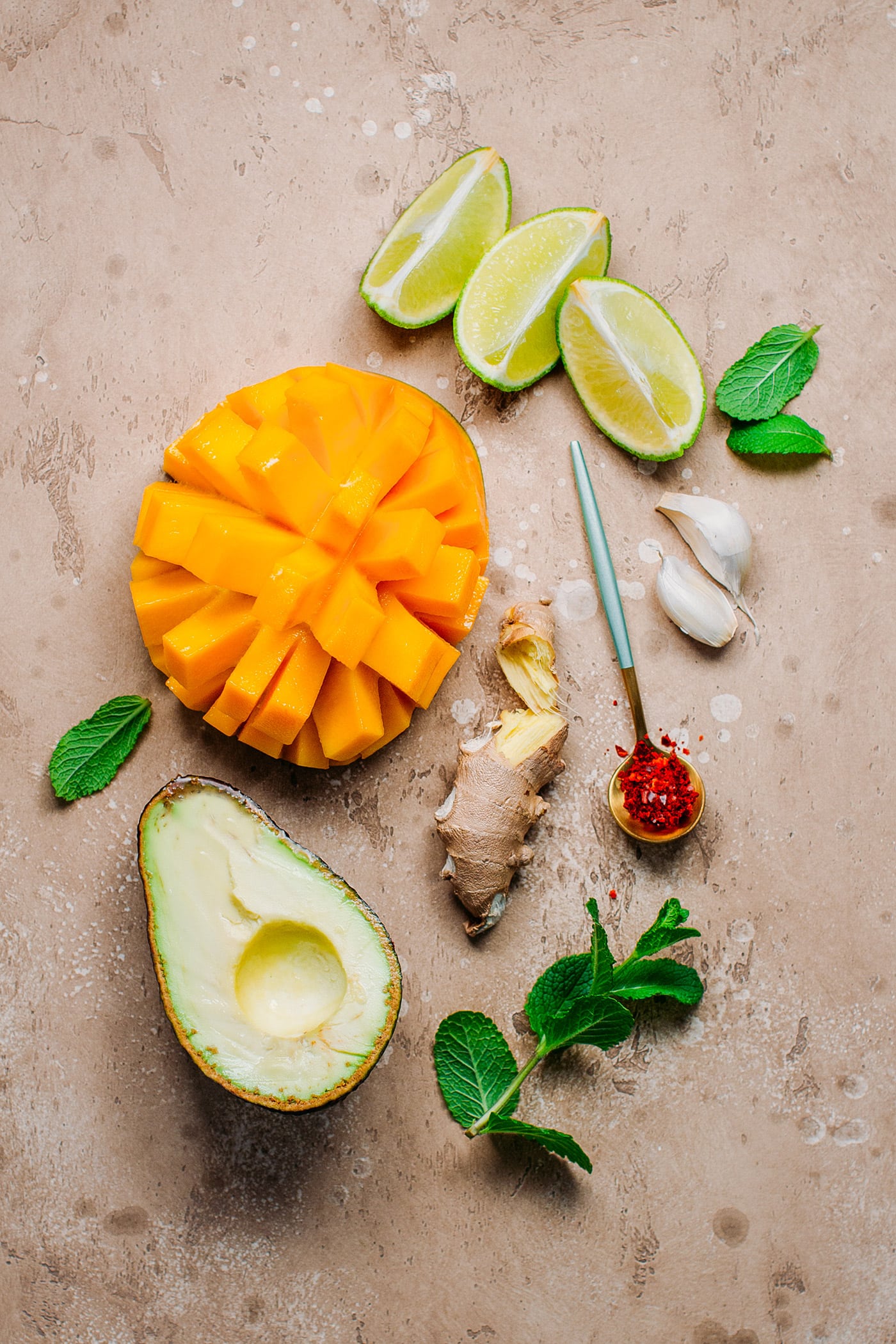 Ingredients to make mango avocado gazpacho.