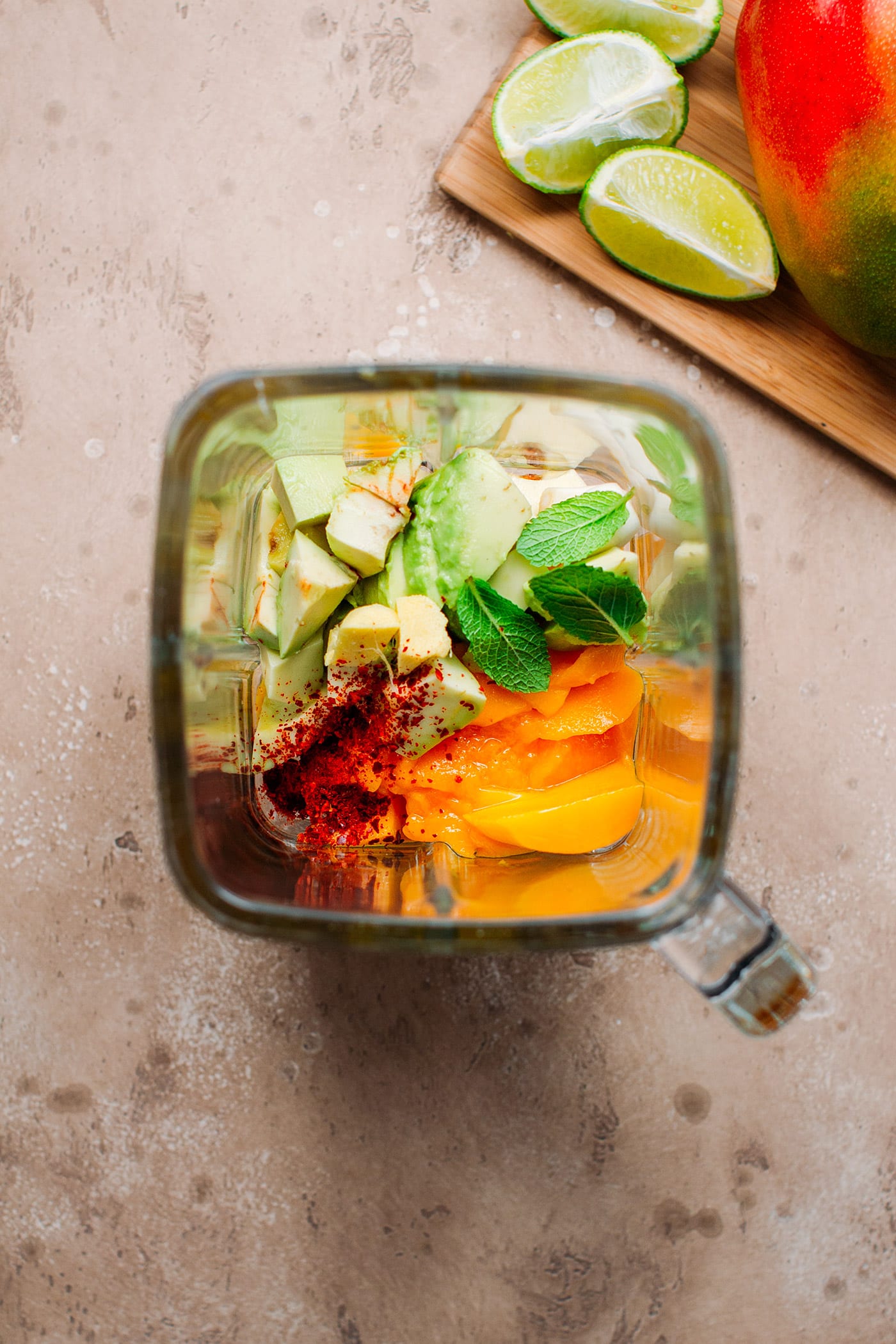 Avocado, mango, mint, and chili to make gazpacho.