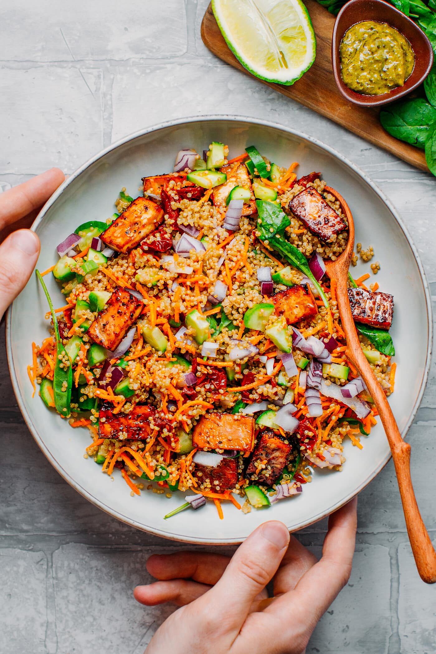 Black Pepper Tofu Quinoa Salad in a plate.