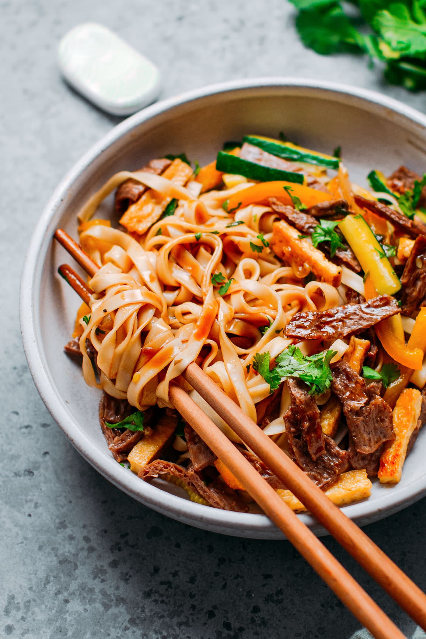 Close up of Vegan Char Siu Beef Noodles.