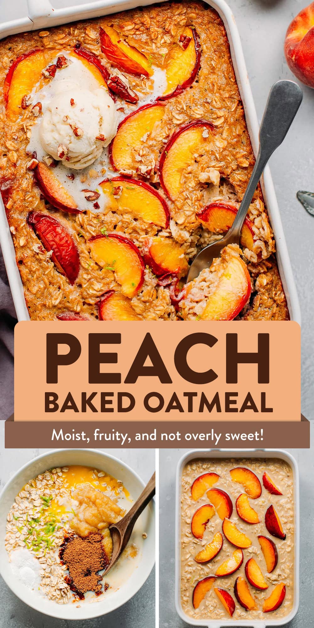 Fruity and naturally-sweetened baked oatmeal with juicy peaches! It's easy to make, perfect for meal-prep, and so fruity!