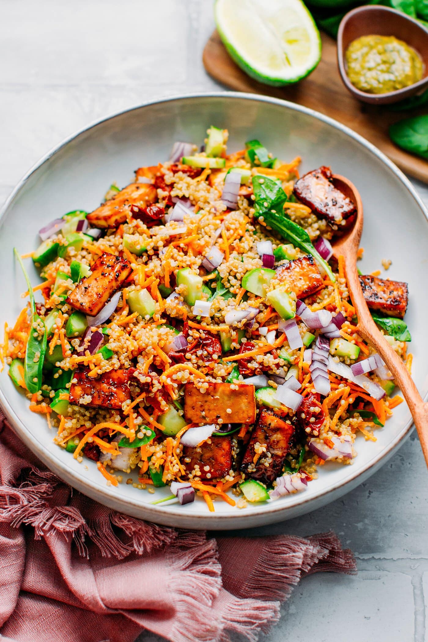 Black Pepper Tofu Quinoa Salad in a plate.