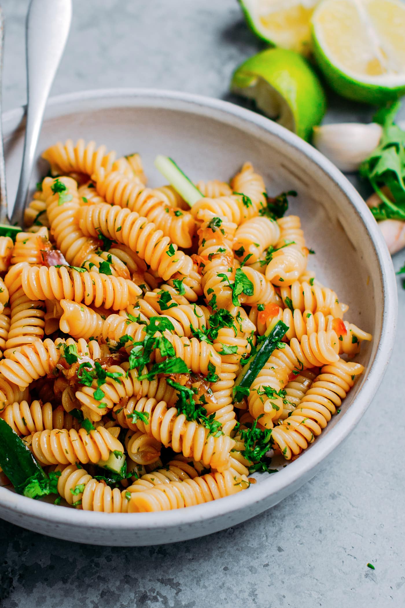 Close-up of a cilantro & lemongrass pasta salad.