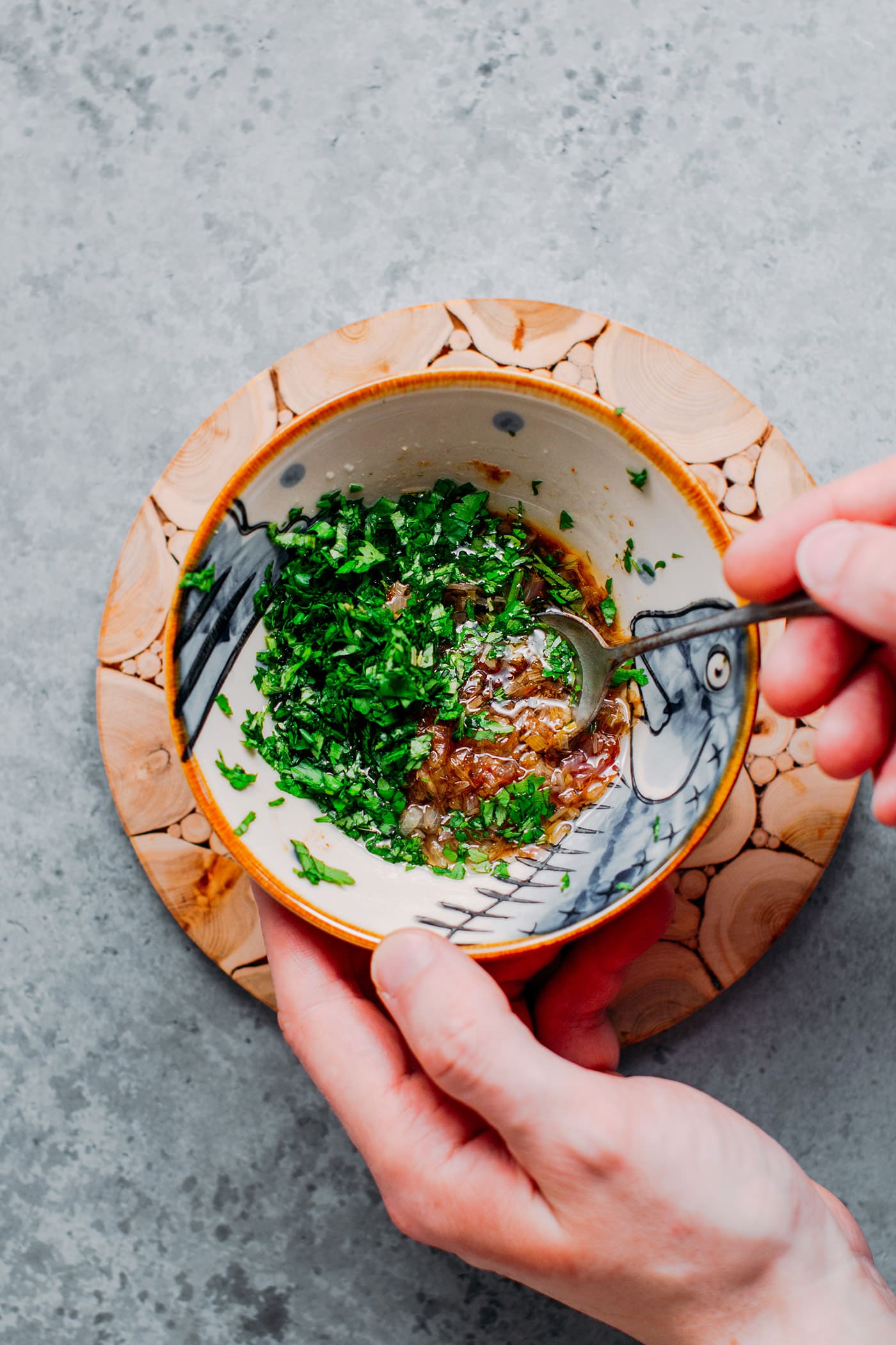 Dressing made of fresh cilantro, shallots, lime, and soy sauce.