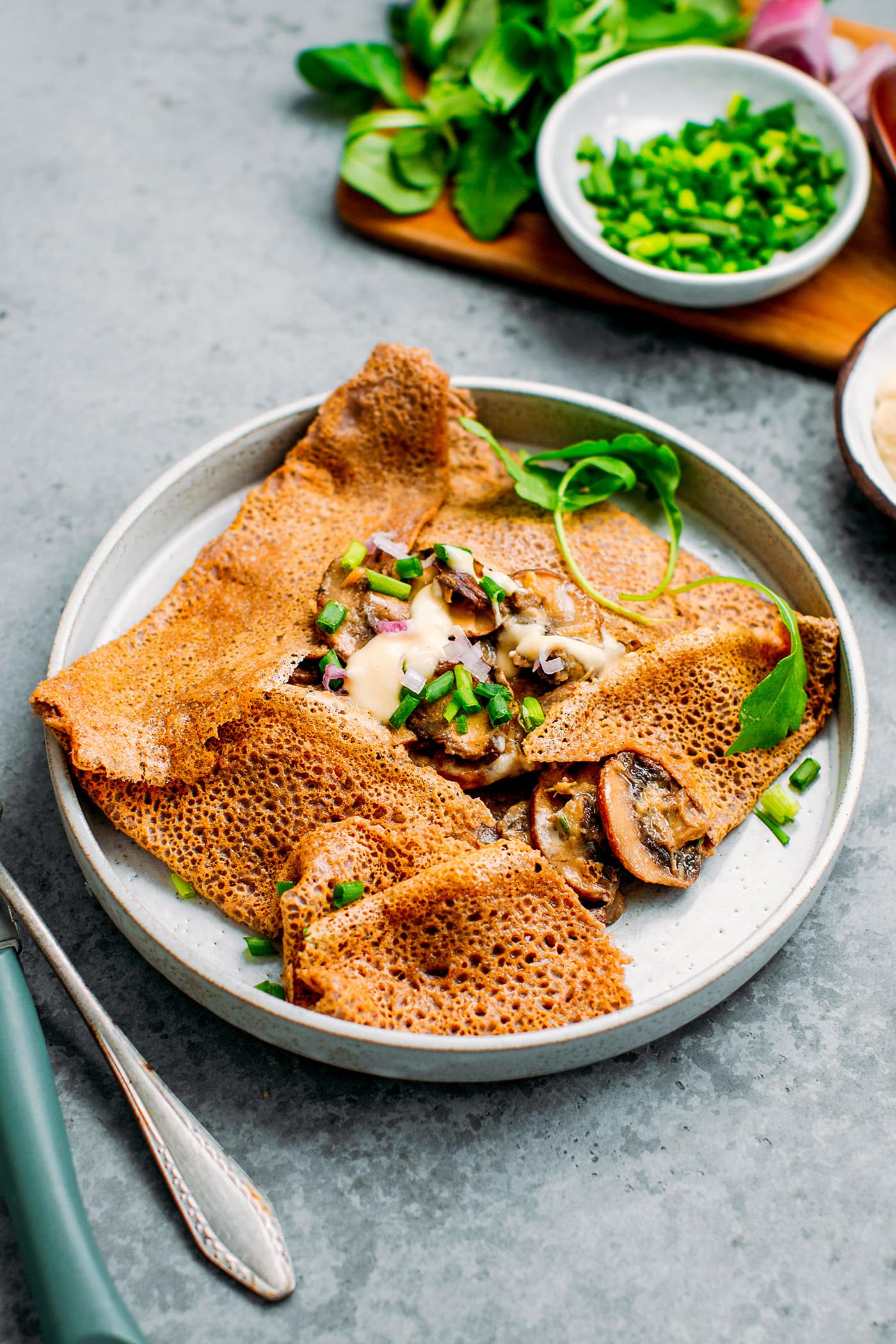 Buckwheat Crêpes with Hummus Mushrooms