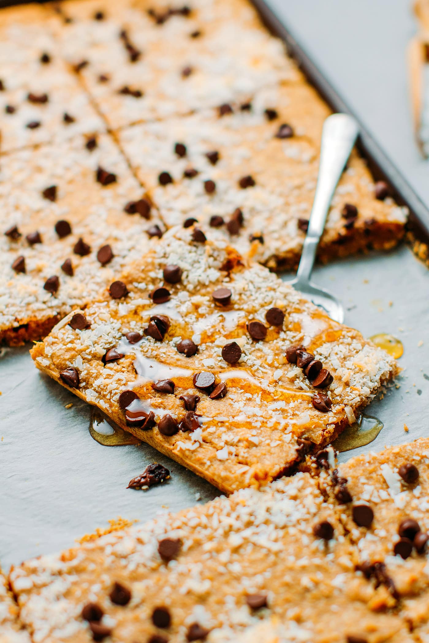 Slice of sheet-pan coconut pancakes.