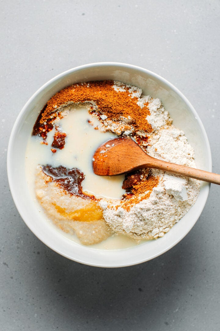 Pancakes batter in a bowl.