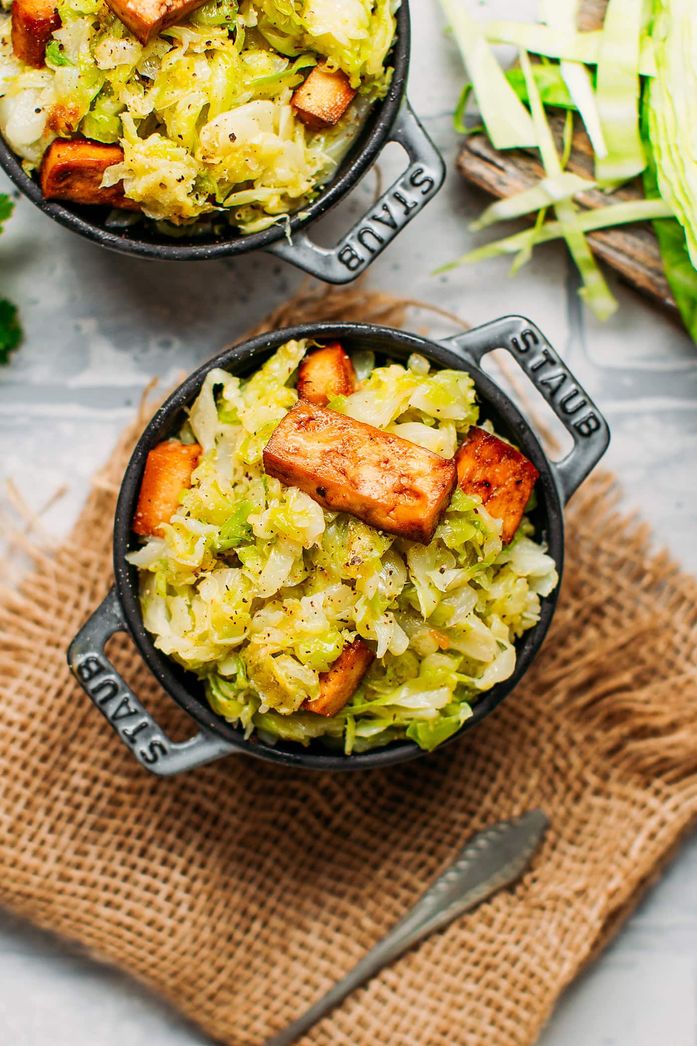 Braised Cabbage with Smoked Tofu in mini casseroles