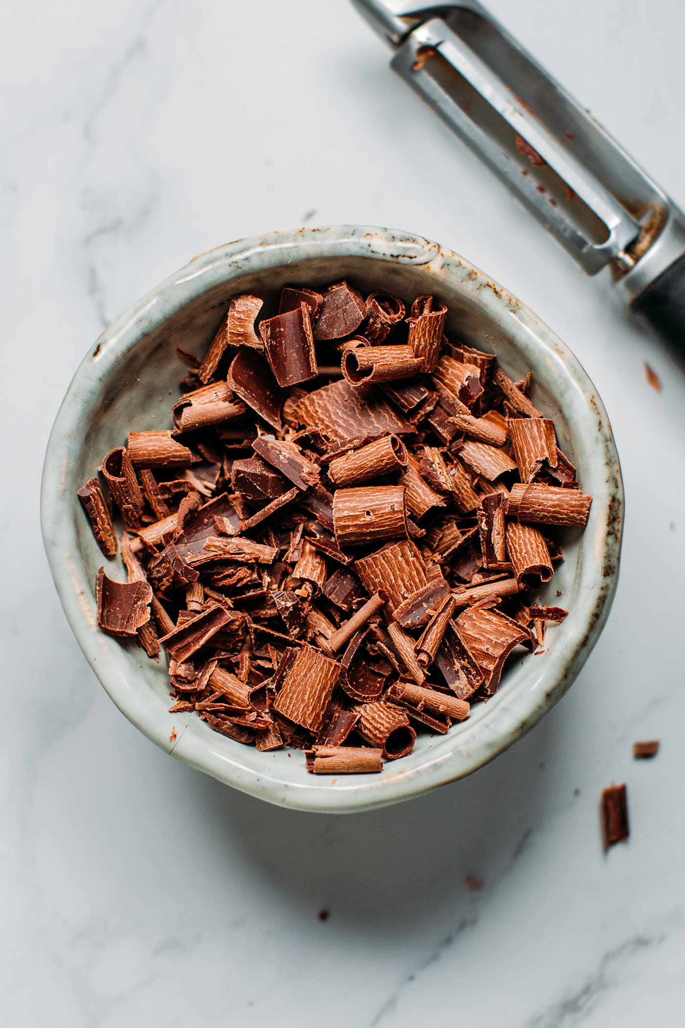 Shaved chocolate in a bowl.