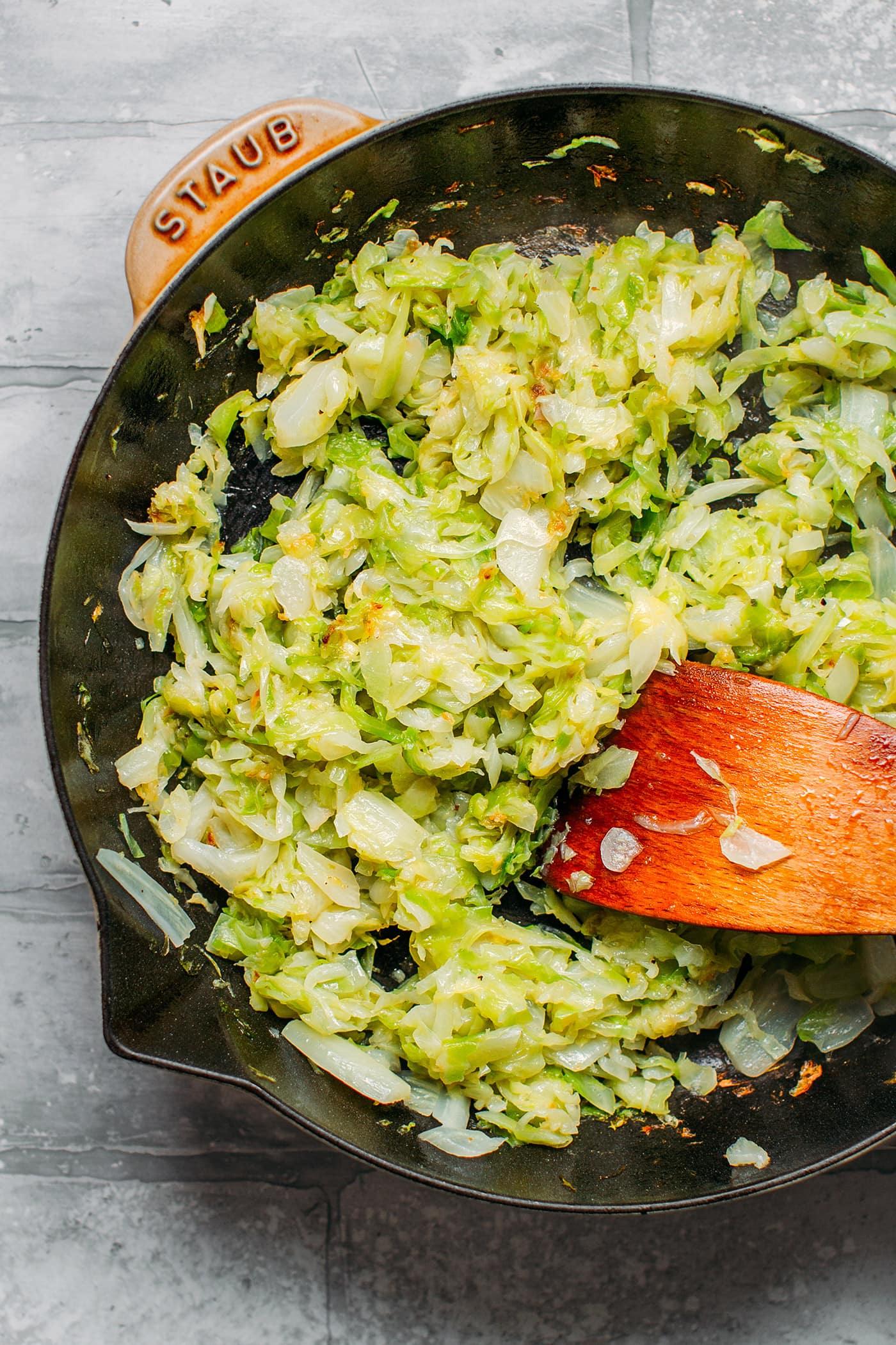 Braised cabbage in a skillet