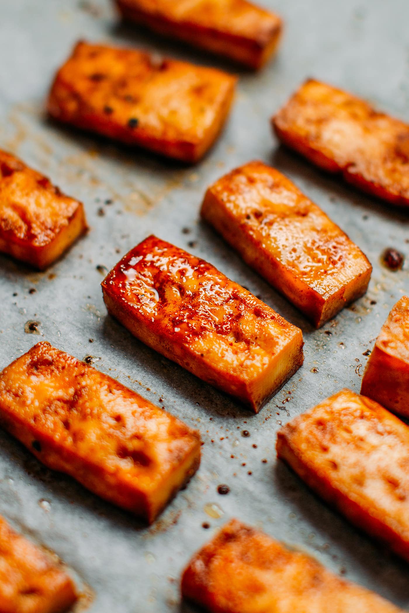 Close up of baked tofu