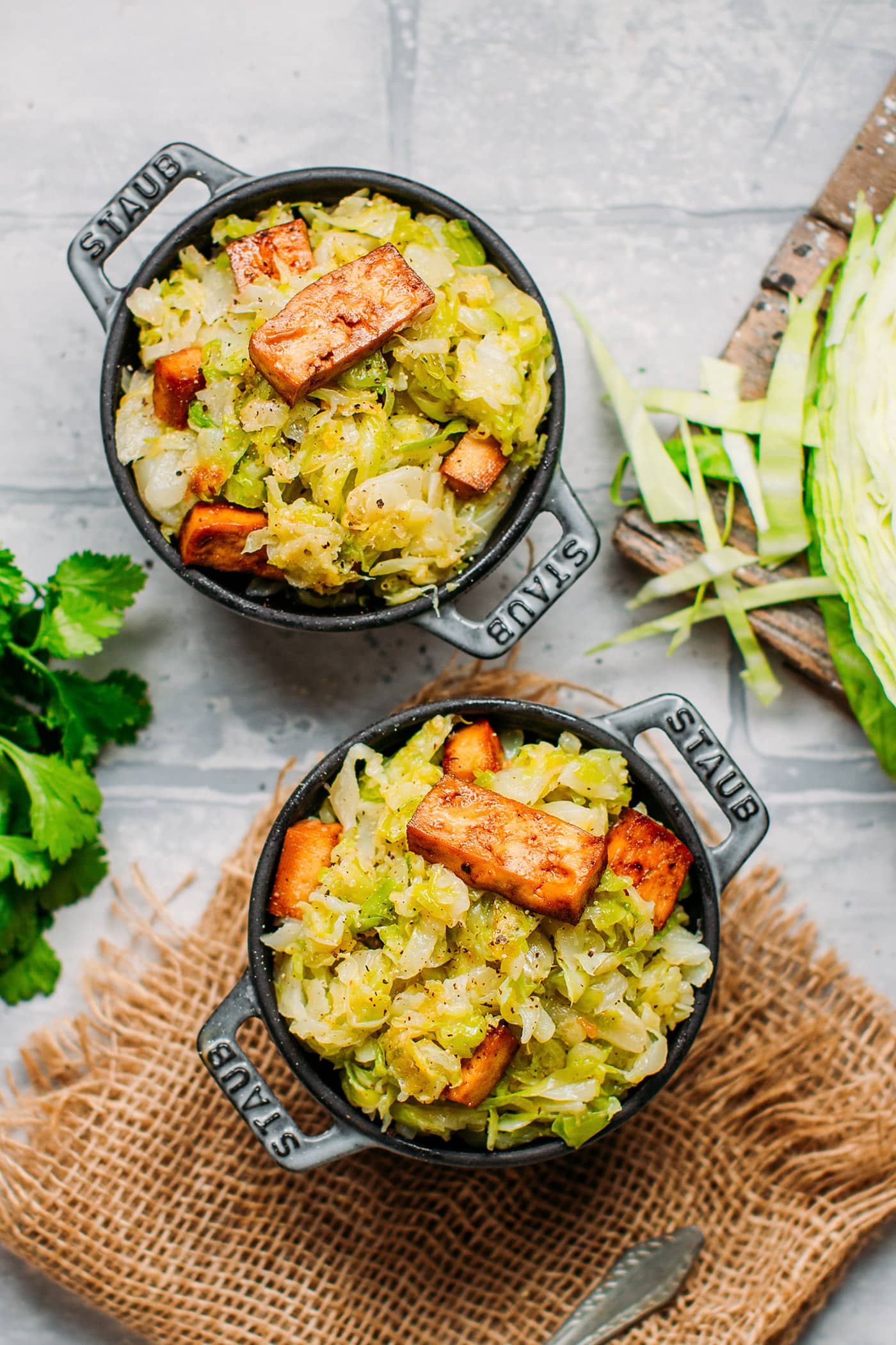 Braised Cabbage with Smoked Tofu in mini casseroles