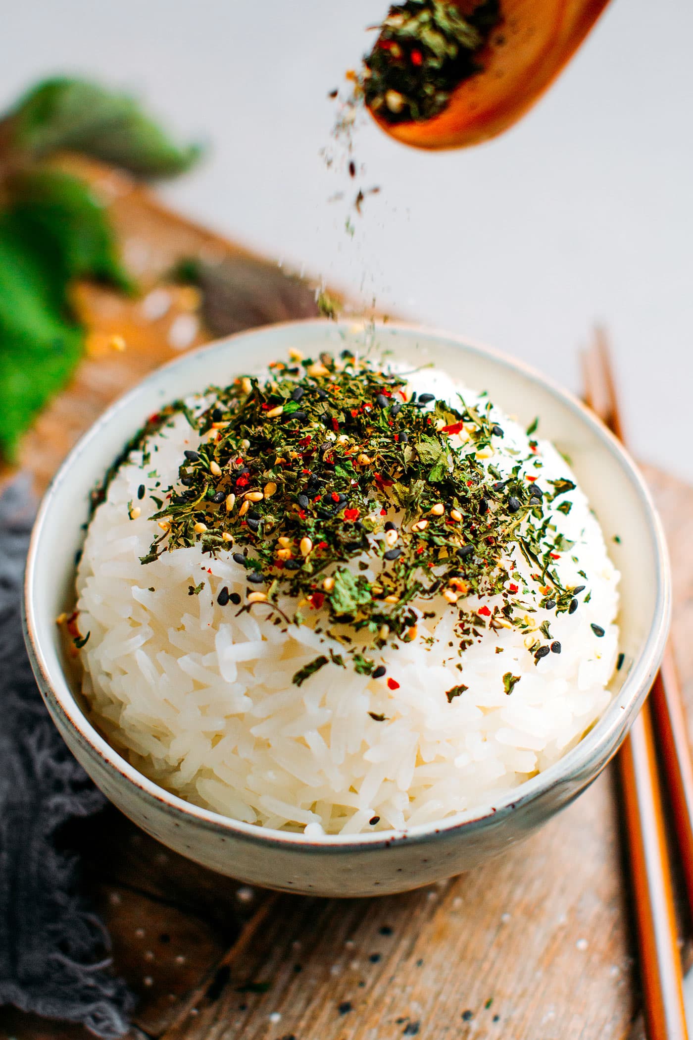 Shiso Furikake on top of white rice.