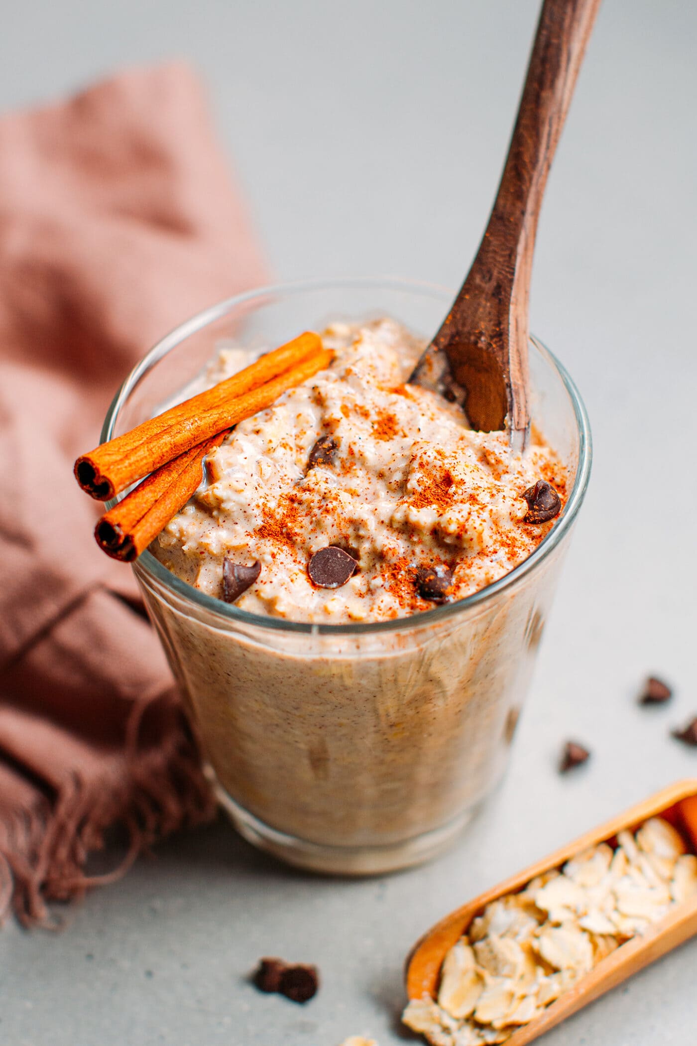 Chai overnight oats with chocolate chips and cinnamon.