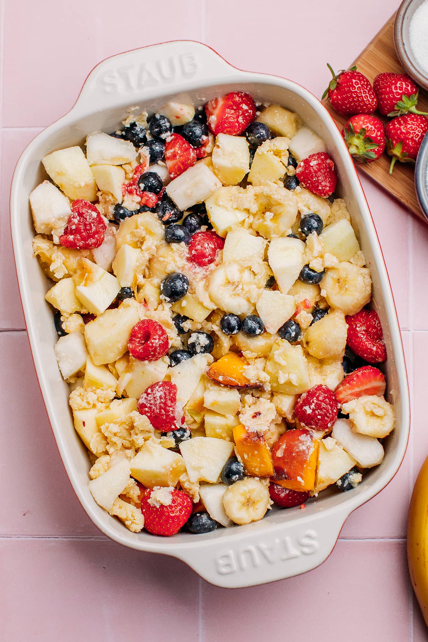 Fruit crumble topped with a streusel topping.