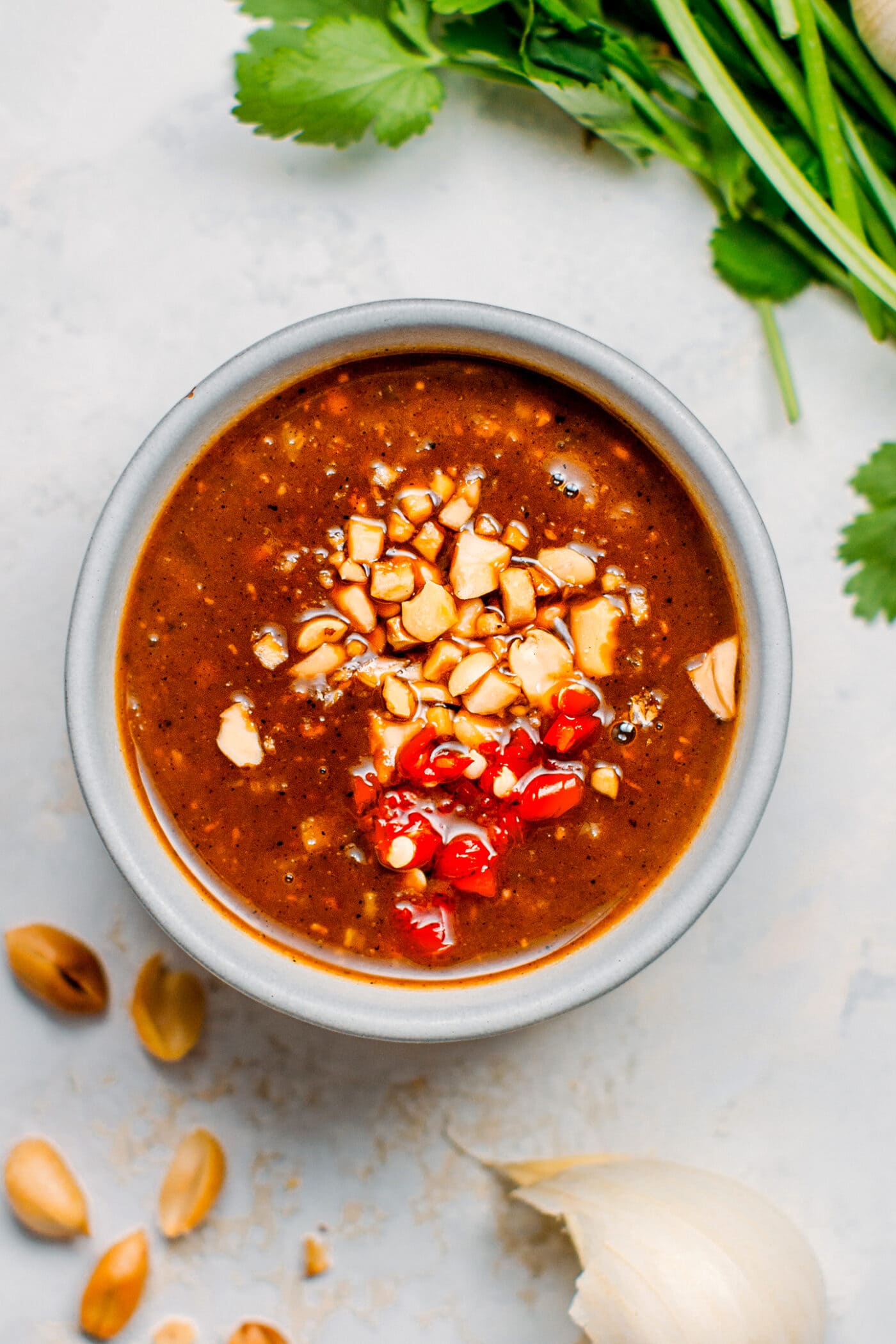 Peanut dipping sauce in a bowl.