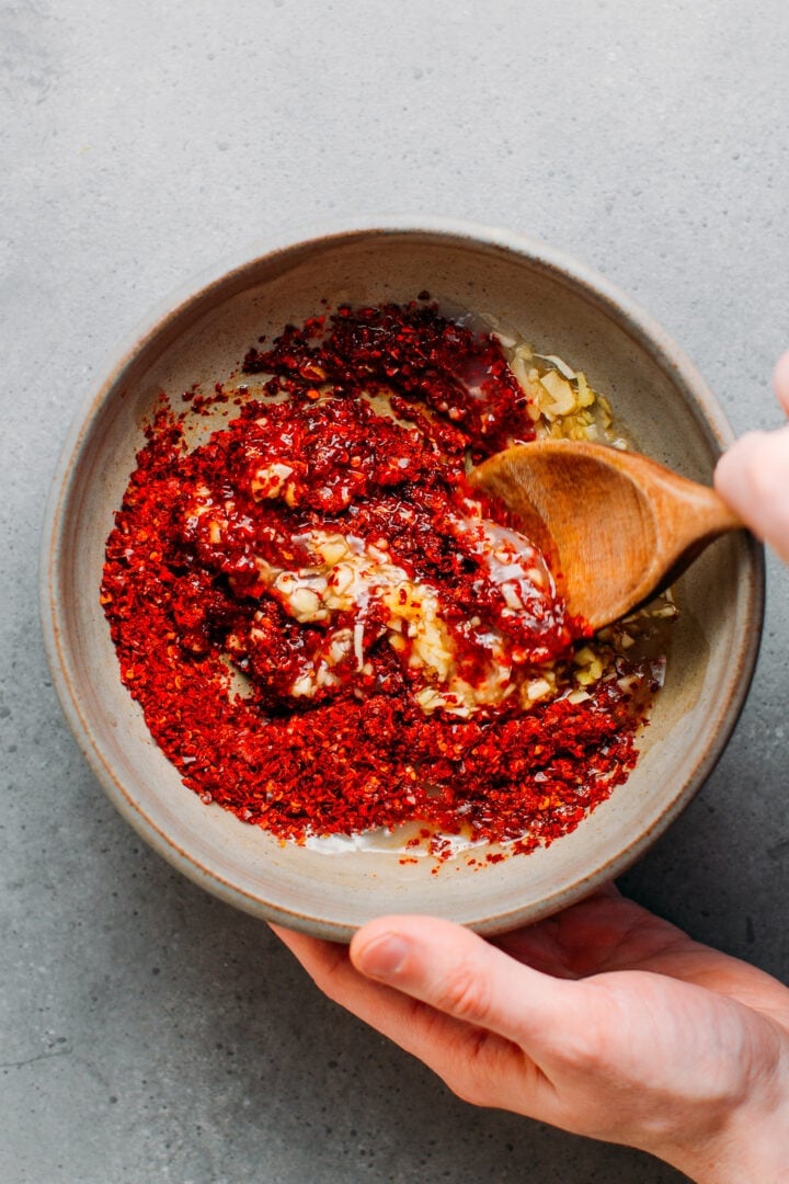 Preparing chili paste to make kimchi.