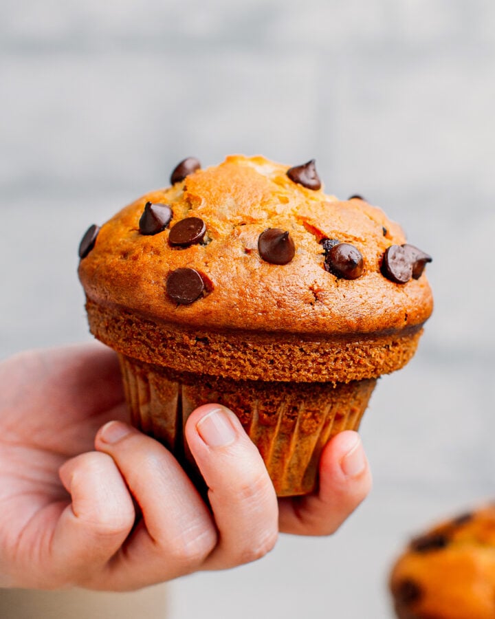 Close up of a dark chocolate chip vegan muffin.