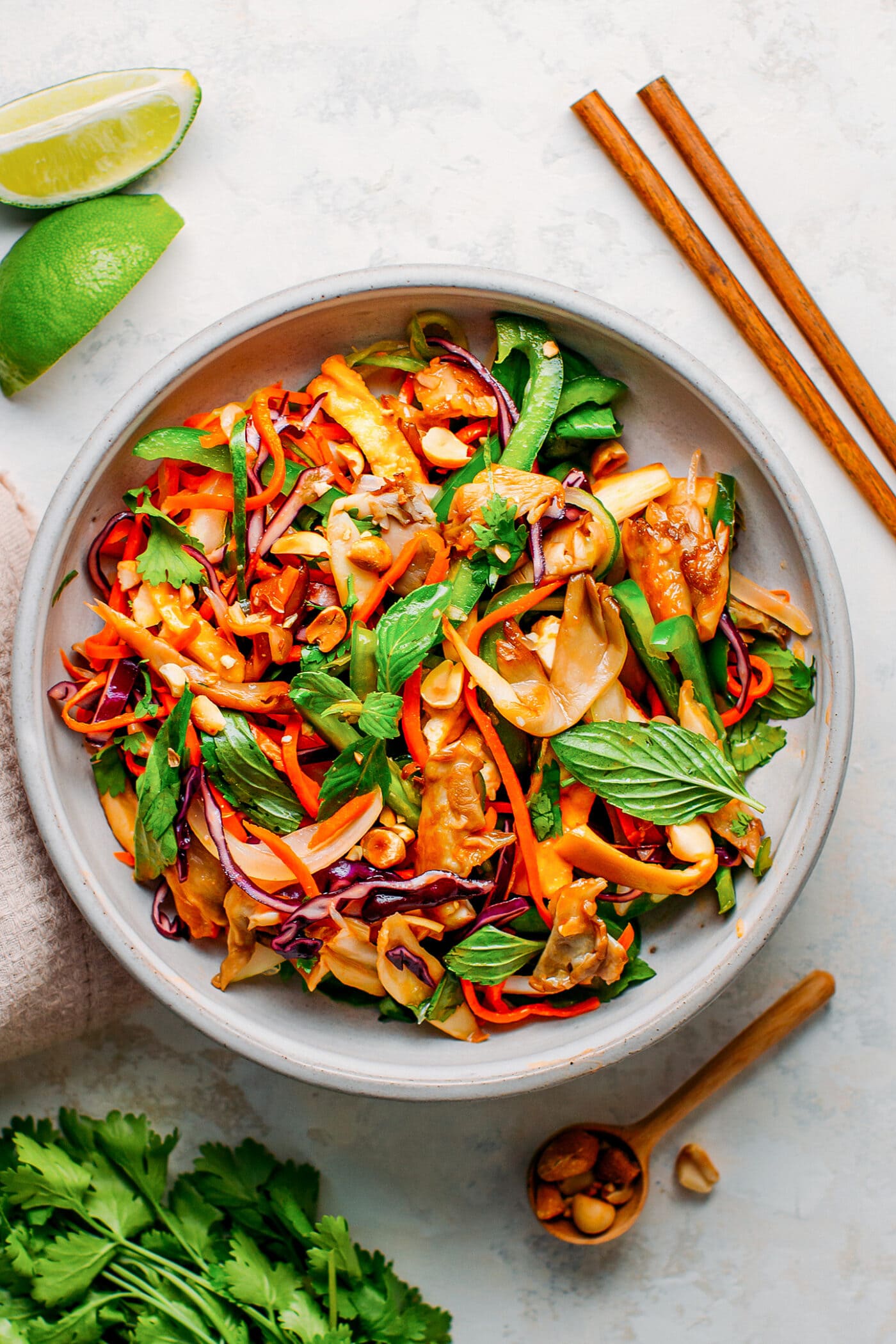 Vietnamese mushroom salad with Thai basil, cilantro, carrots, and red cabbage.