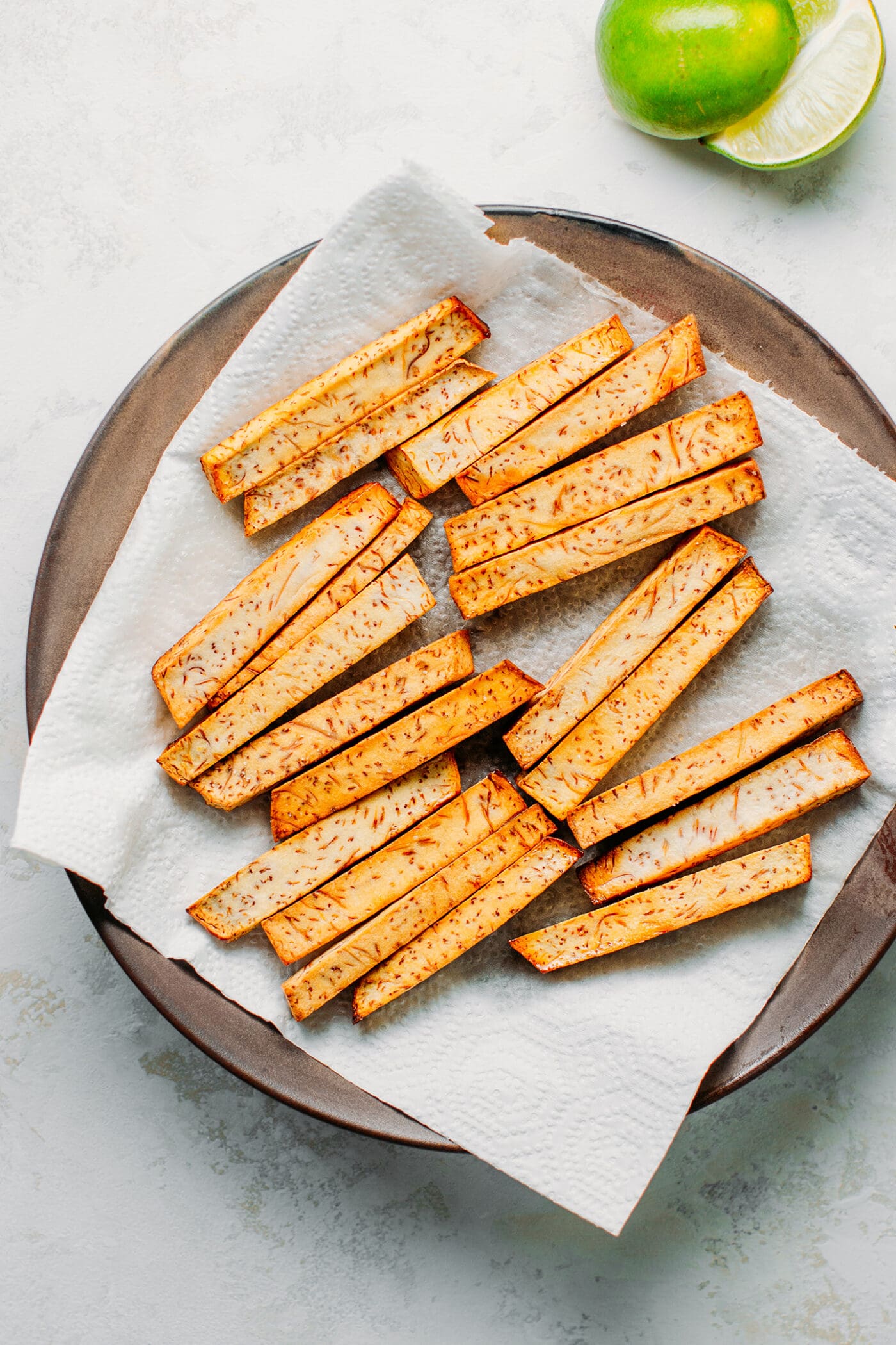 Taro fries on a plate.