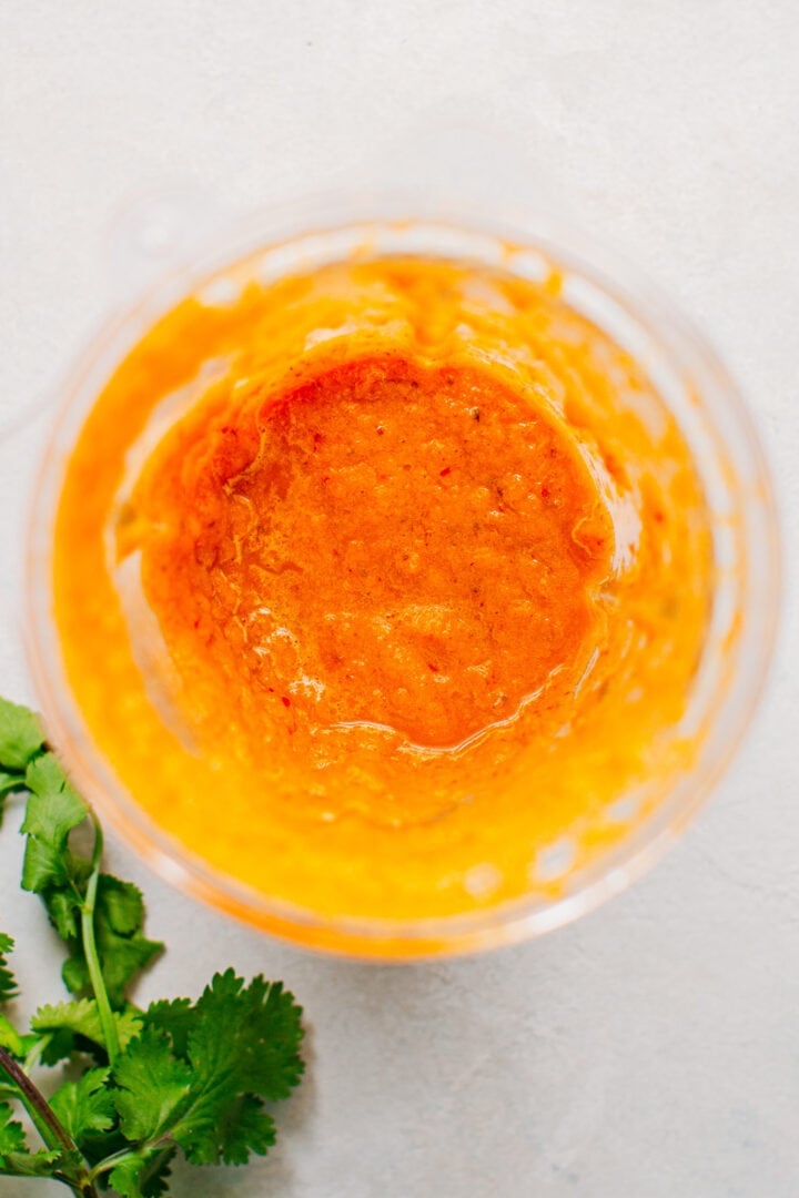 Homemade curry paste in a blender.