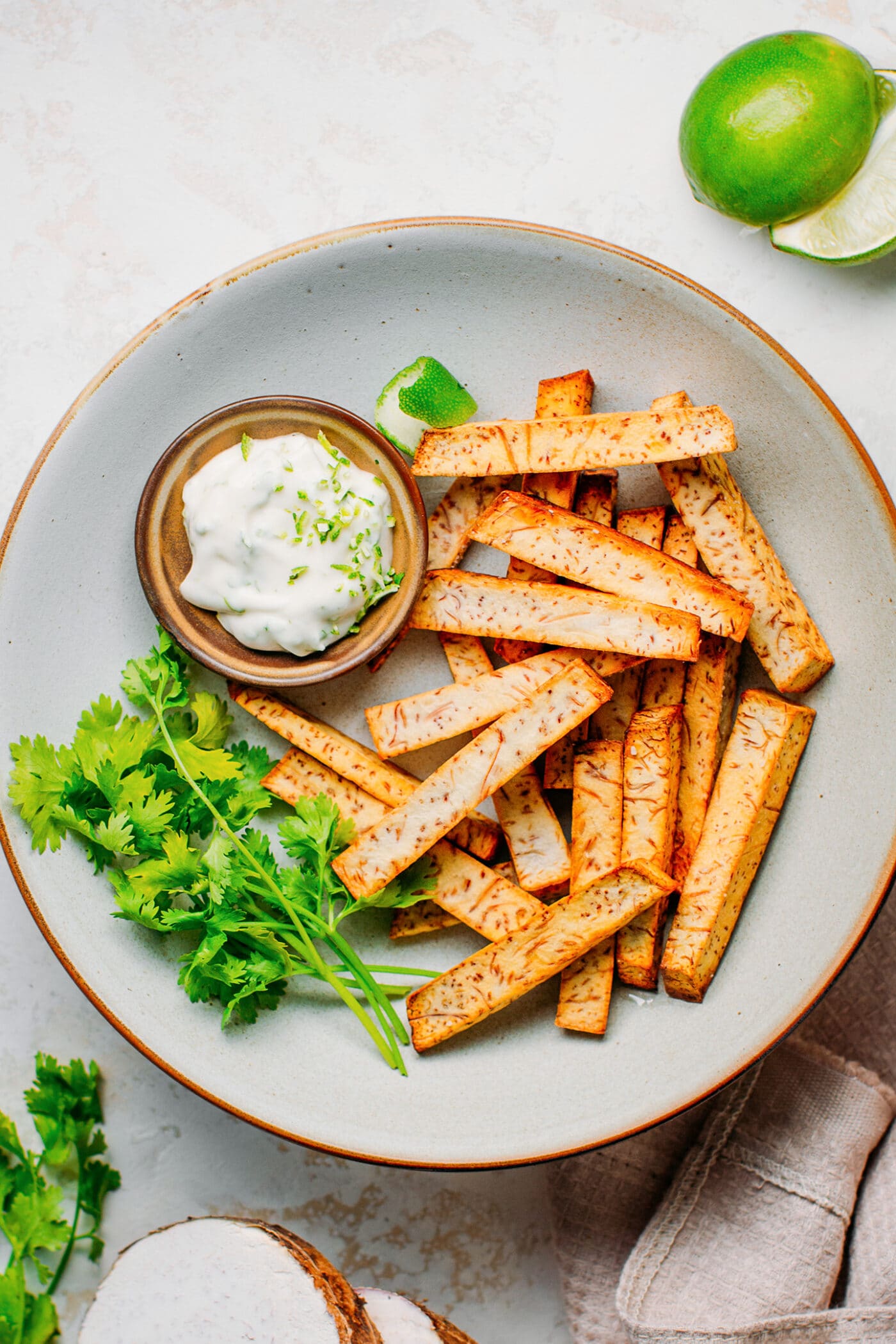 Taro fries with mayo and cilantro.