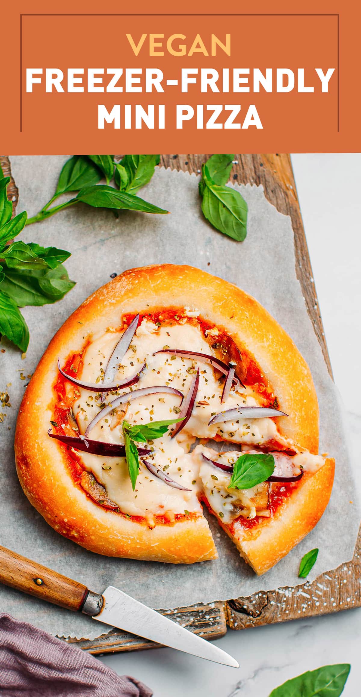 These individual pizza are light and airy, customizable, and so delicious! They take just 10 minutes to cook straight from the freezer. Vegan and just 10 ingredients! #pizza #freezerfriendly #vegan #plantbased