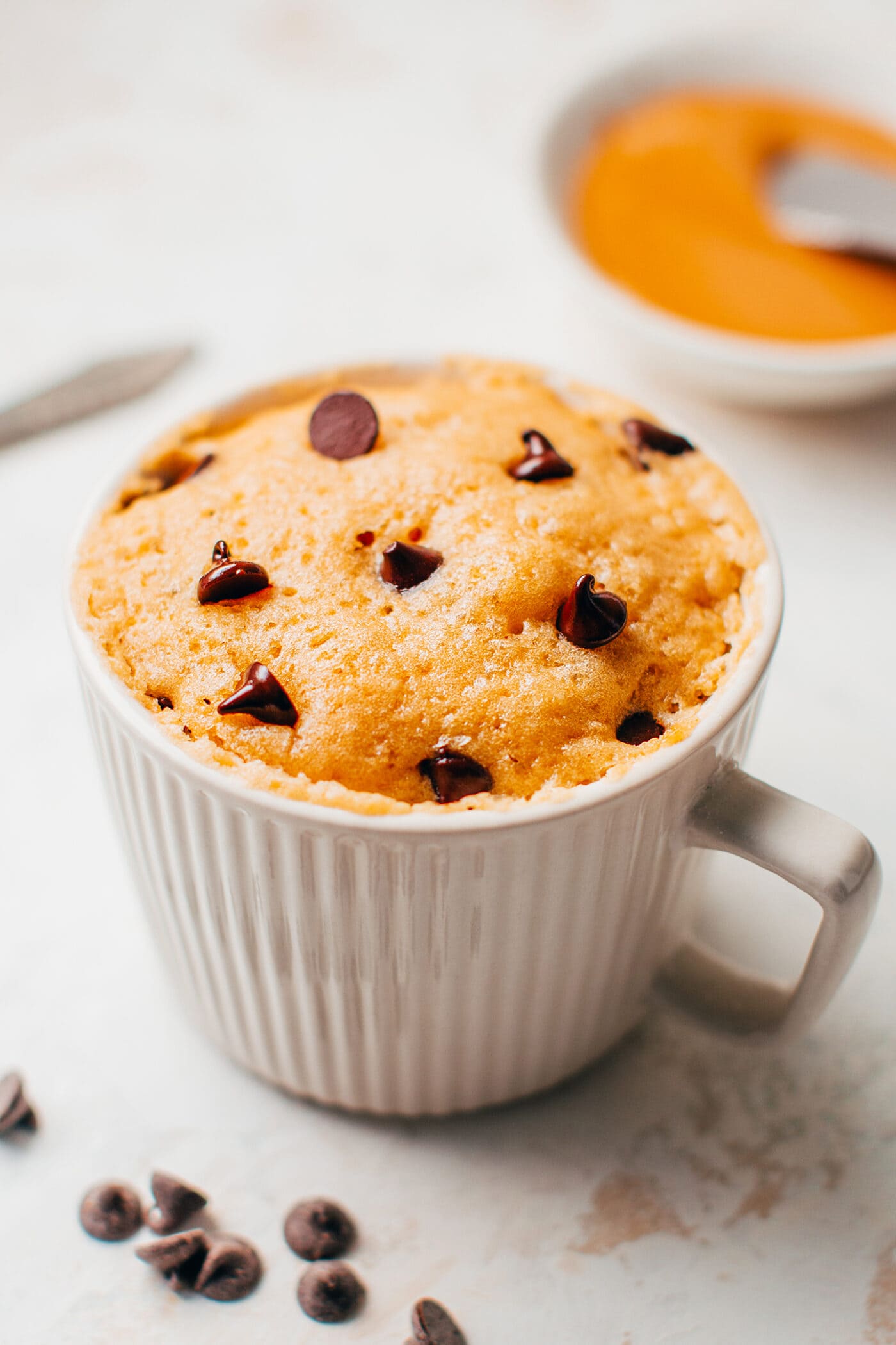 Peanut butter mug cake with dark chocolate chips.