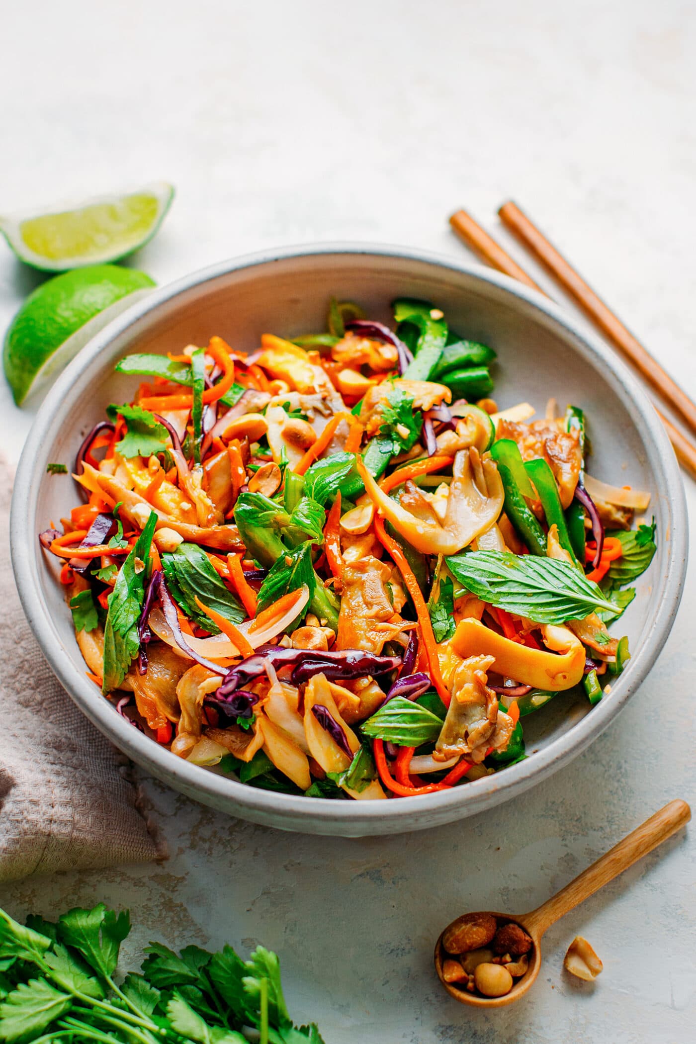 Vietnamese mushroom salad with Thai basil, cilantro, carrots, and red cabbage.