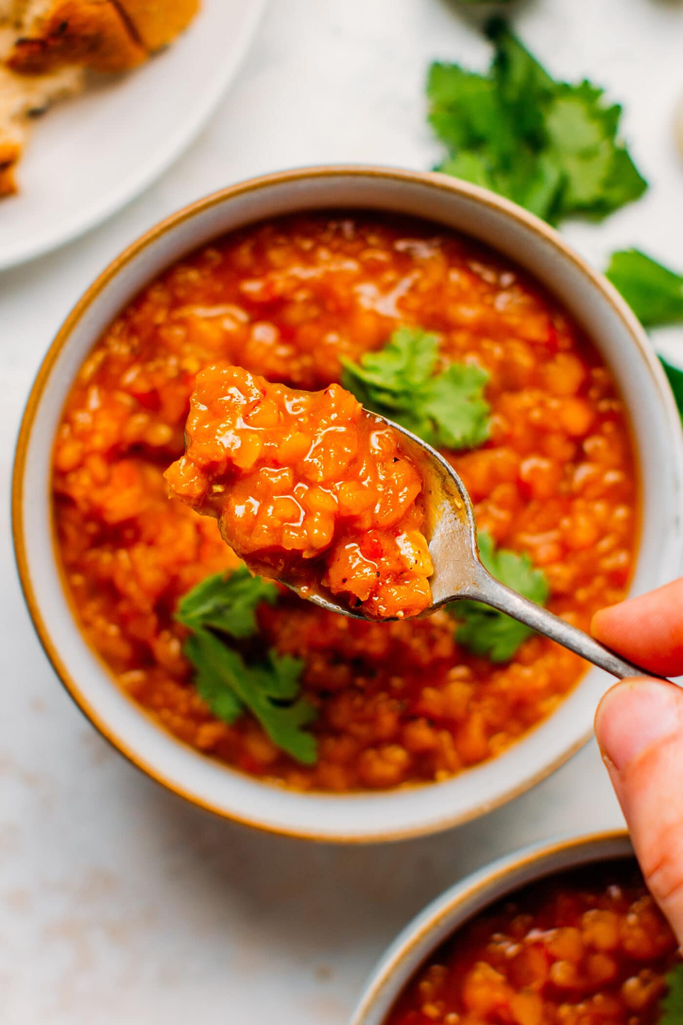 Close-up of sweet and sour lentil soup.