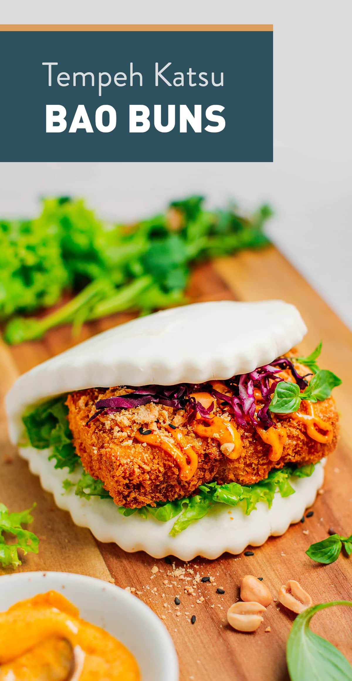 Steamed buns filled with katsu tempeh, cilantro, roasted peanuts, and a creamy curried mayo sauce! Plant-based, and packed with flavor and textures! #baobuns #tempeh #vegan