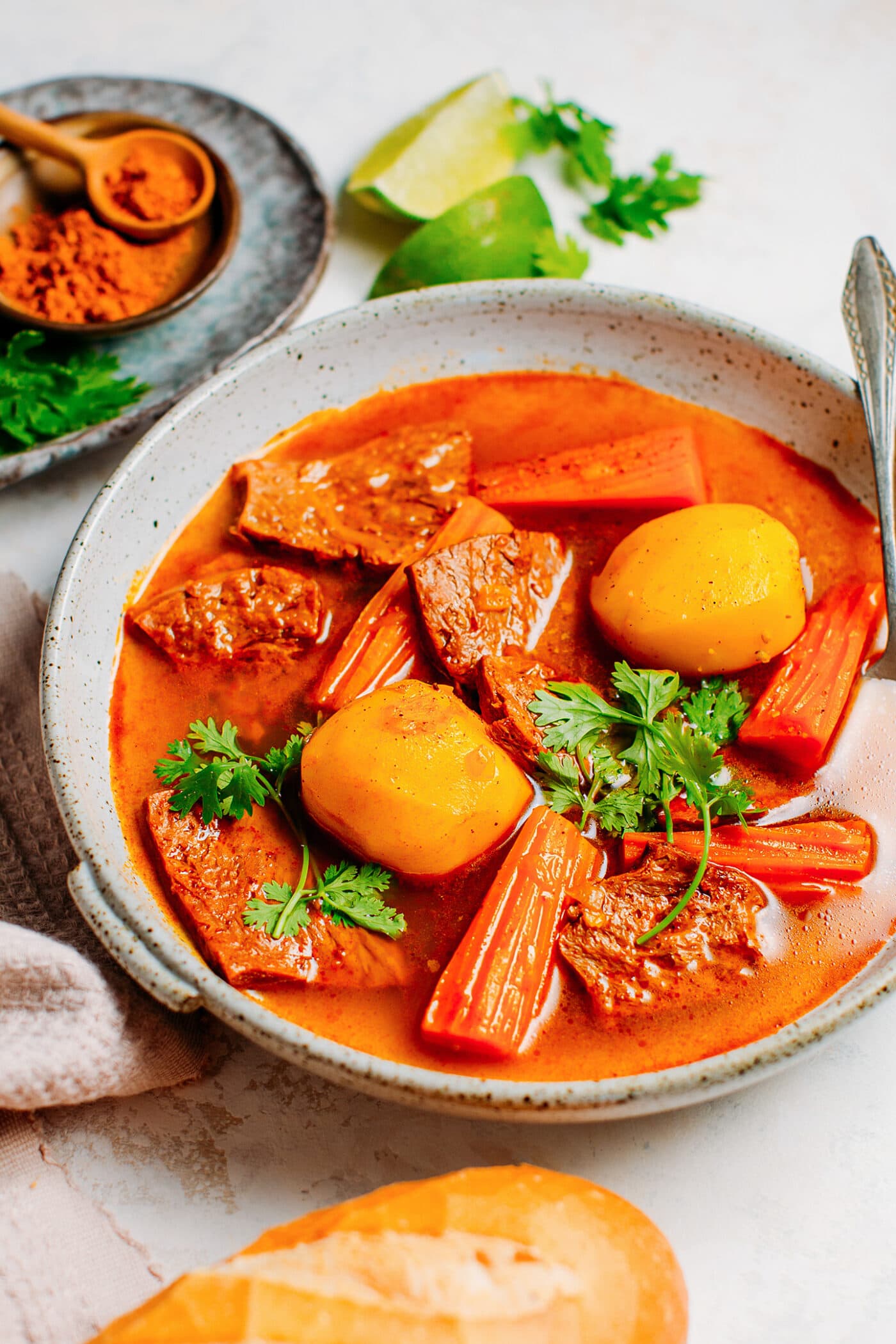 Vietnamese beef stew with vegan beef, potatoes, and carrots.