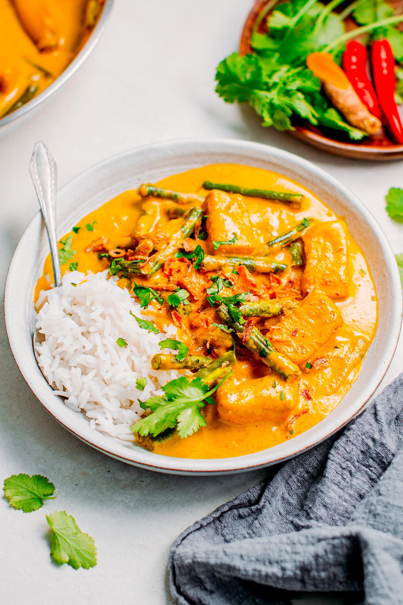 Vegan Indonesian curry topped with cilantro and fried shallots.