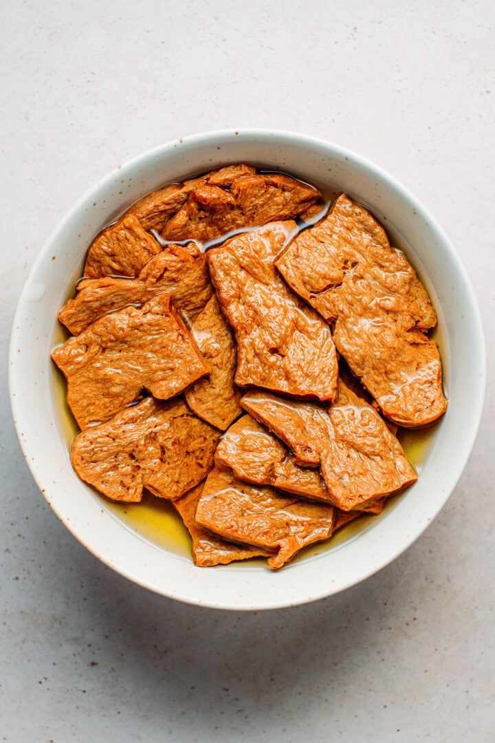 Vegan TVP beef soaking in water.