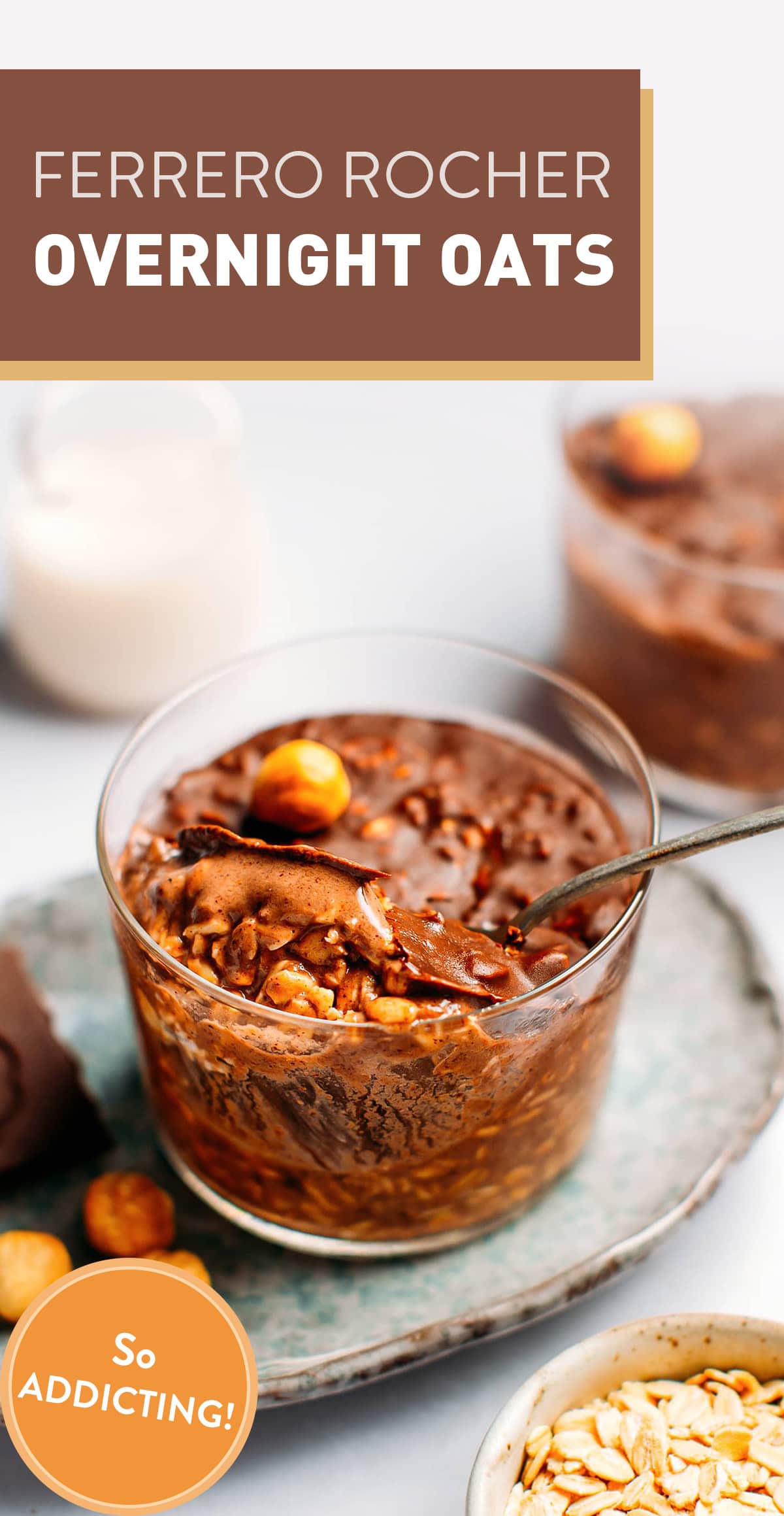 Overnight oats loaded with hazelnut butter, cacao, and vanilla. Topped with a crispy dark chocolate shell, this overnight oats recipe is SO decadent! #overnightoats #vegan #plantbased #breakfast