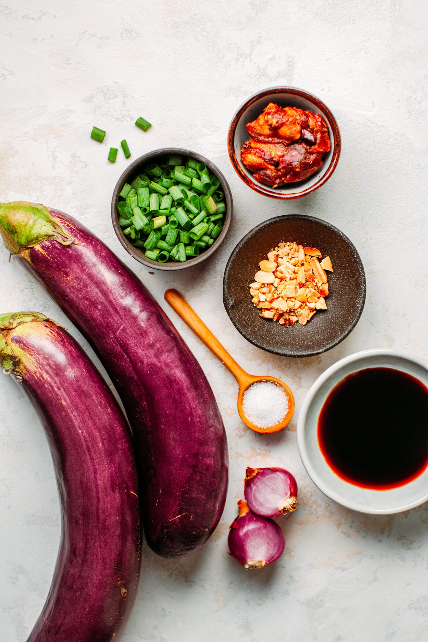 Ingredients like Chinese eggplants, tamarind, green onions, peanuts, and shallots.