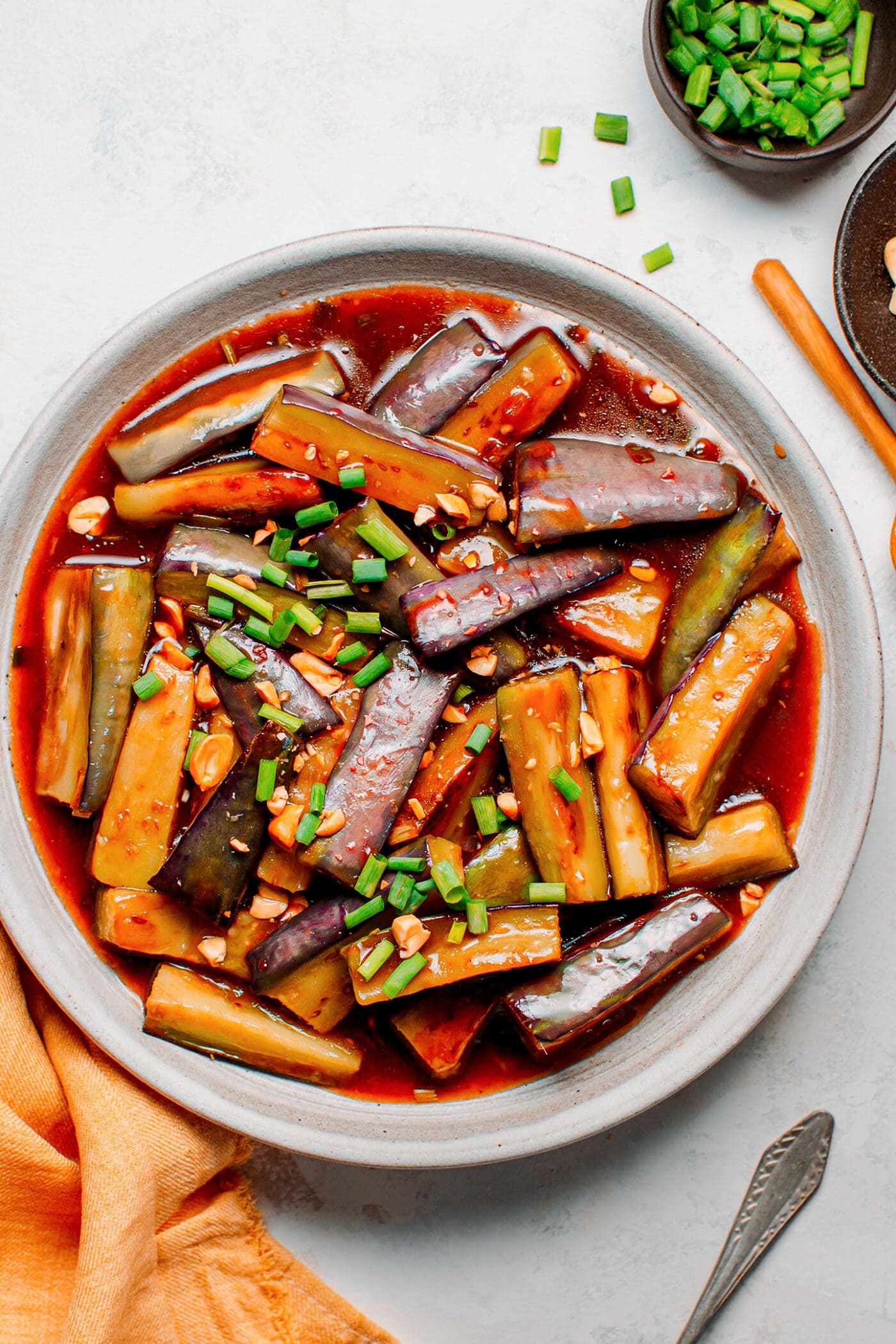 Eggplants cooked in a sweet and sour tamarind sauce.