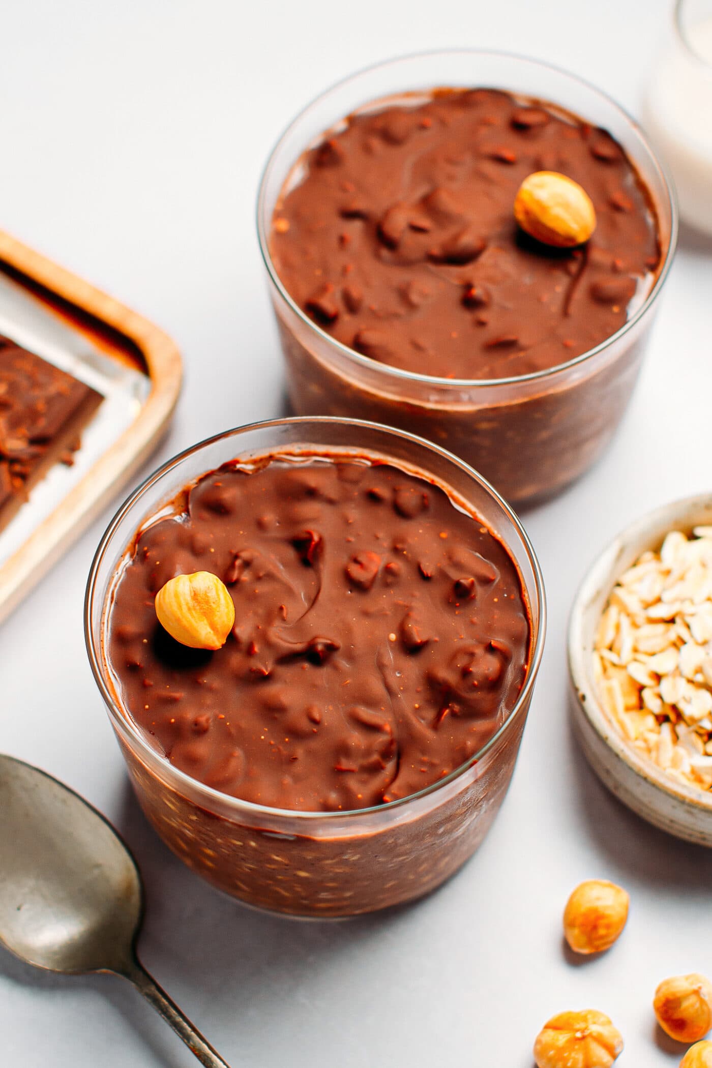 Overnight oats in jars with a chocolate shell.