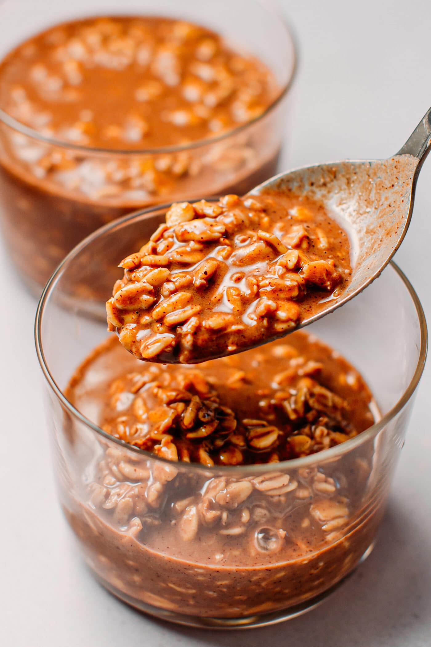 Close-up of chocolate overnight oats.