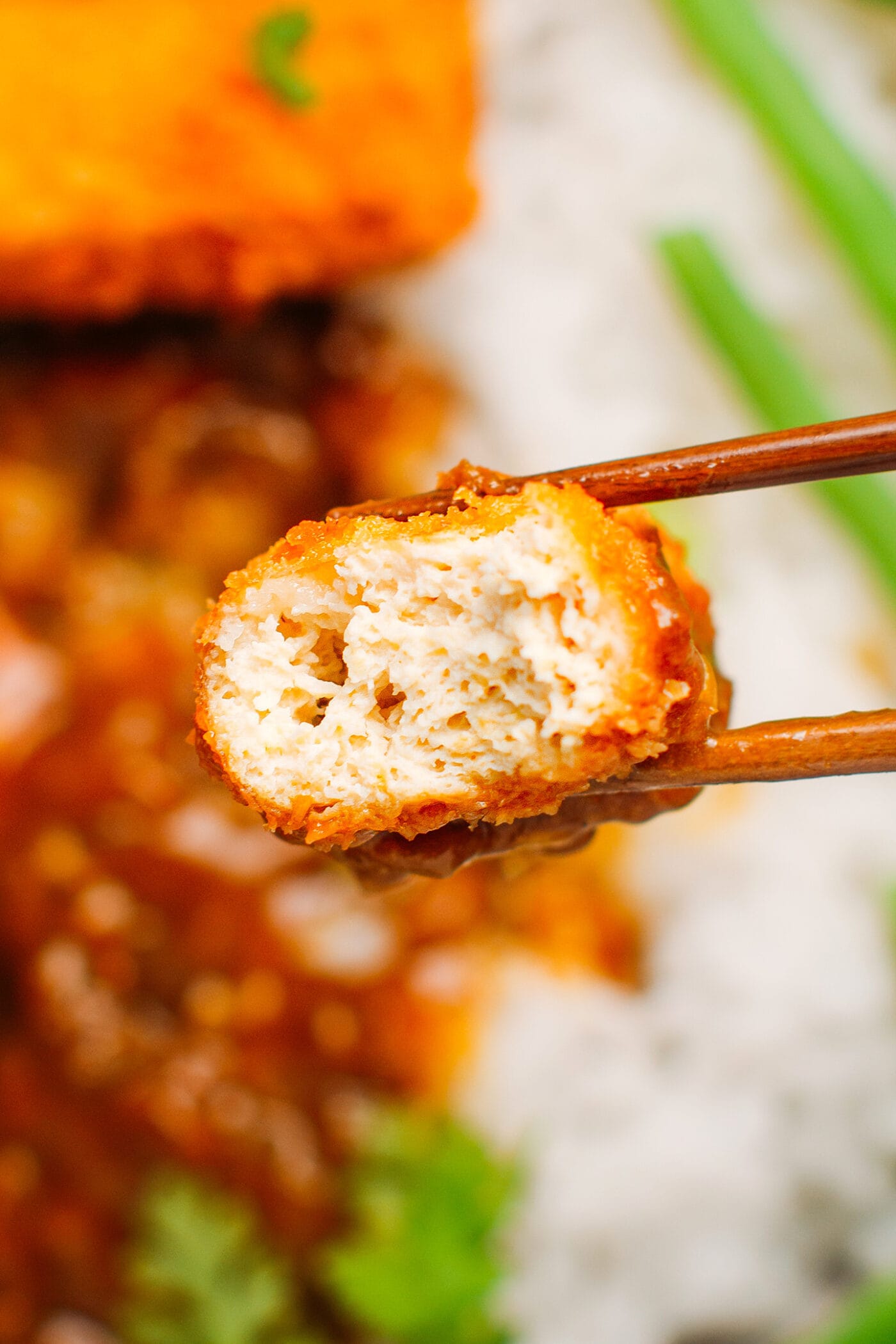 Close up of panko-coated tofu stick.