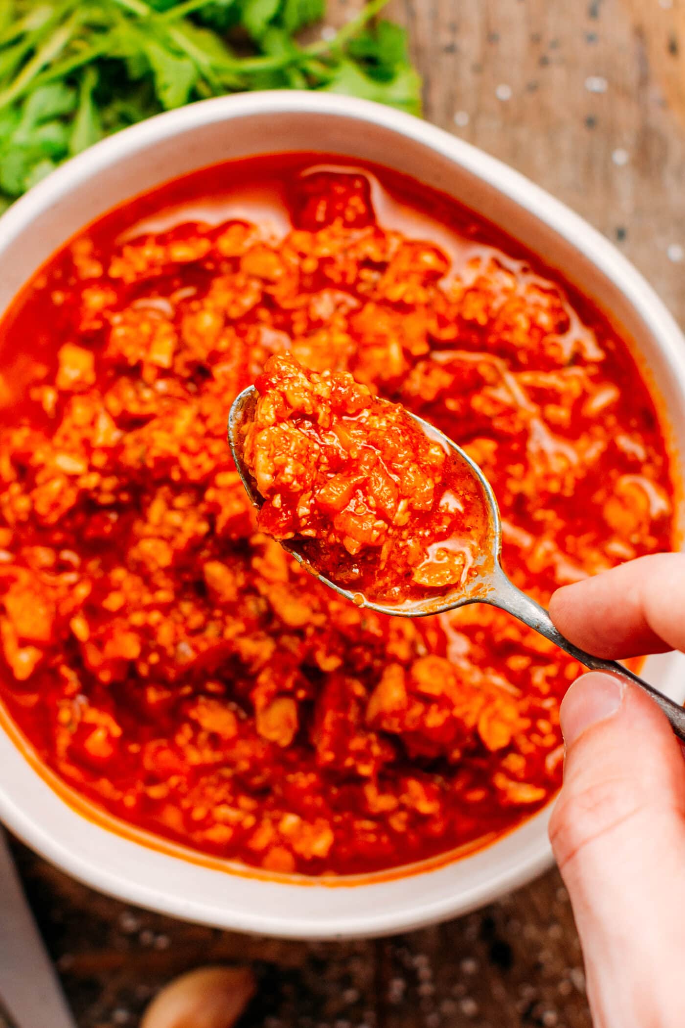 Close up of vegan bolognese sauce.