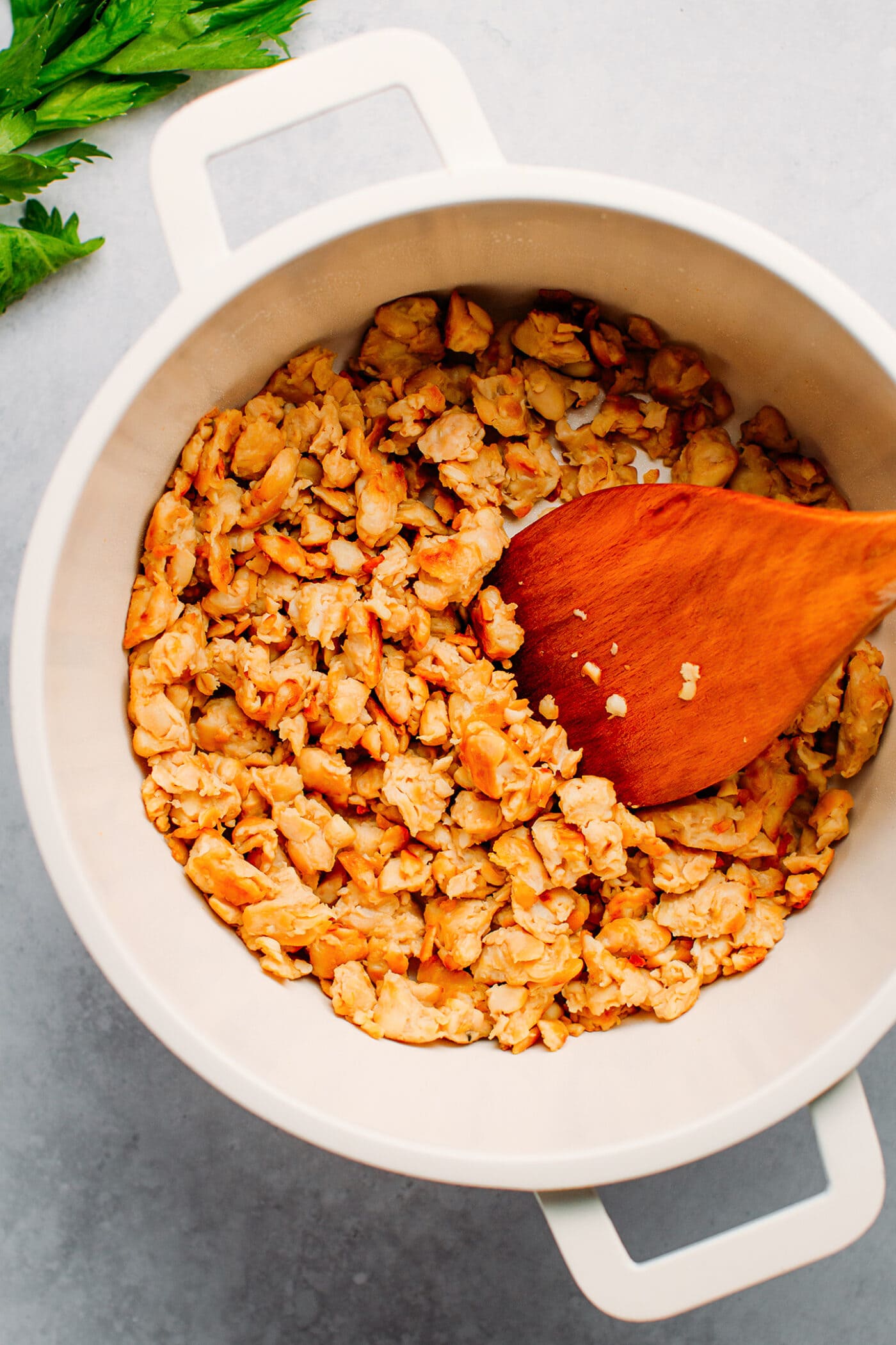 Sautéed tempeh in a pot.